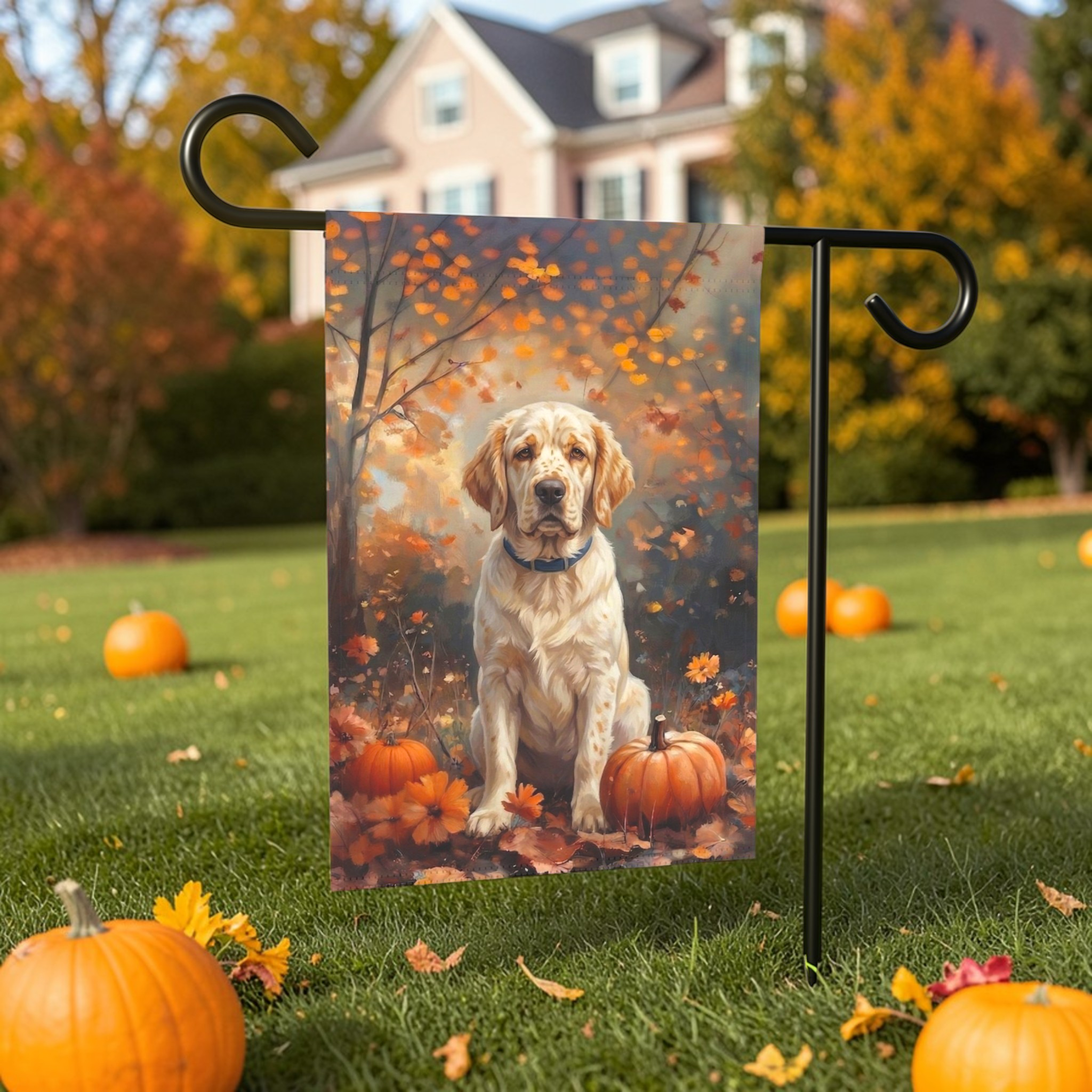 Fall Clumber Spaniel Garden Flag - lifestyle display - Dragonfire Gardens