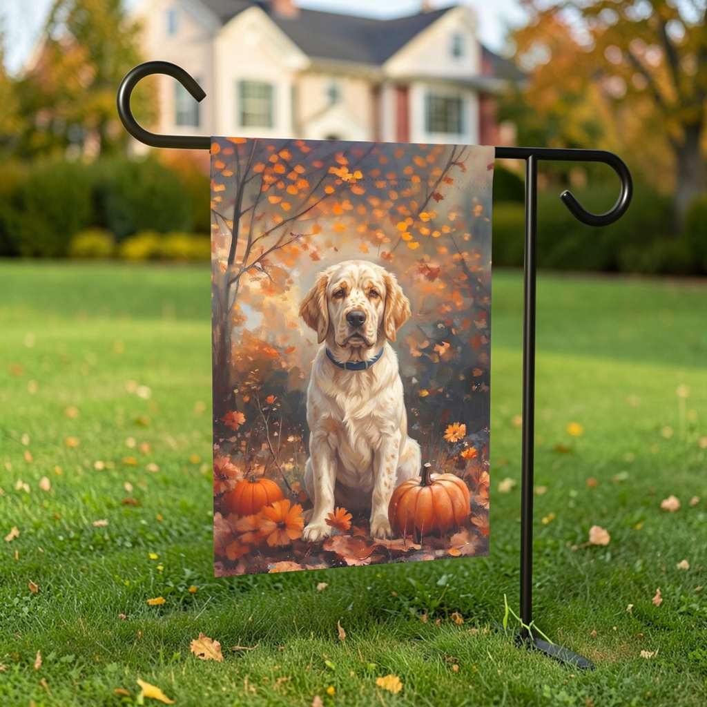 Fall Clumber Spaniel Garden Flag - outdoor display - Dragonfire Gardens