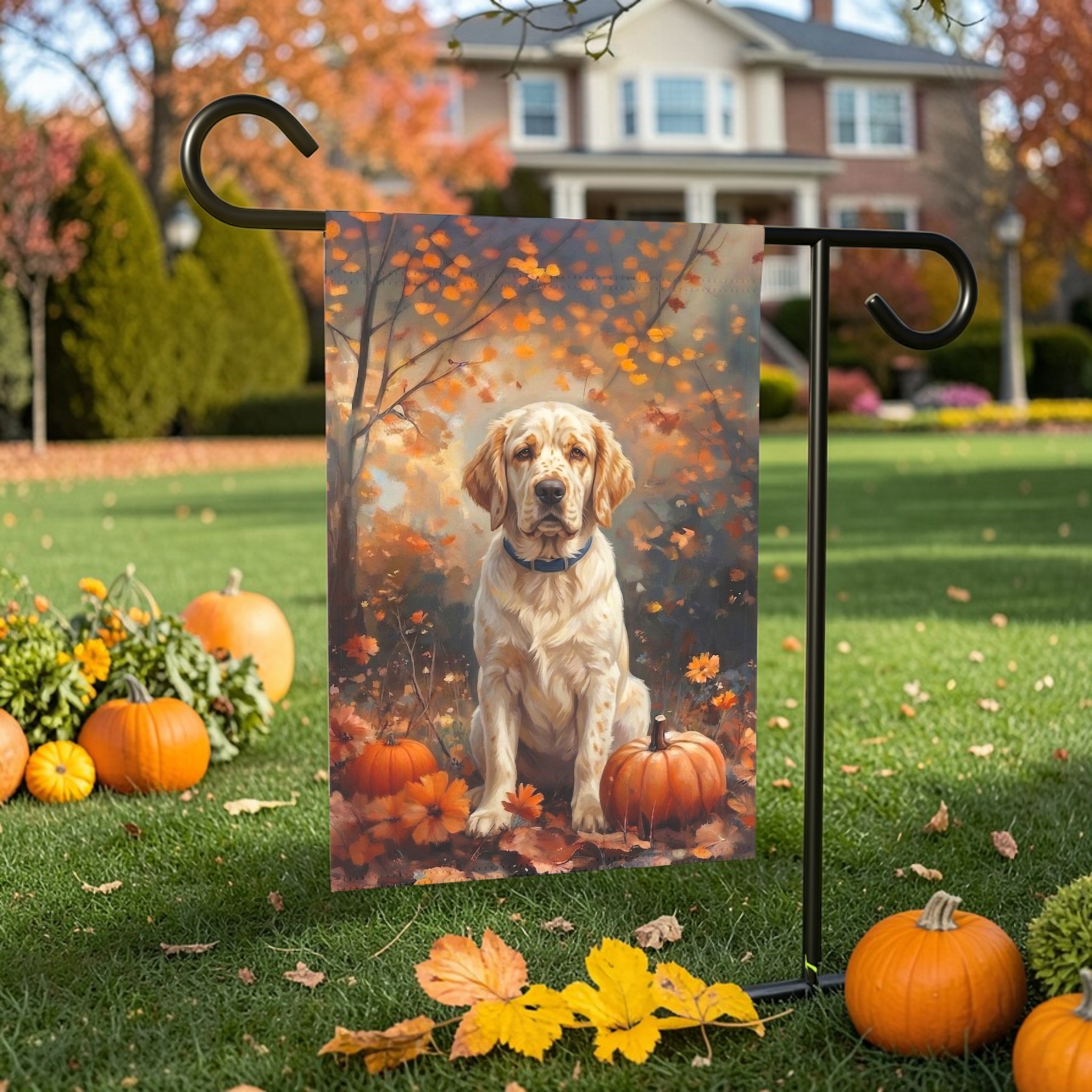 Fall Clumber Spaniel Garden Flag - front view - Dragonfire Gardens