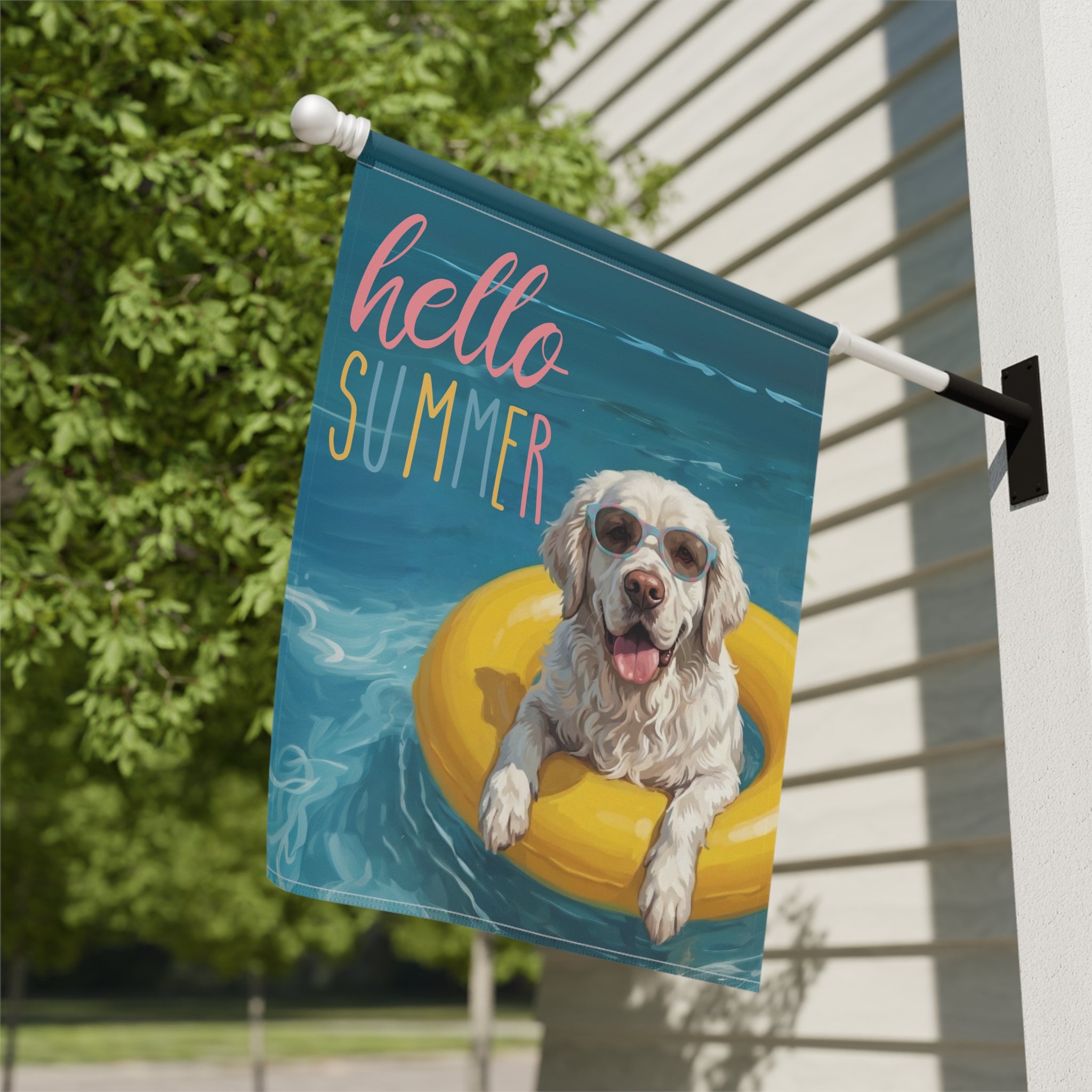 Hello Summer Clumber Spaniel Garden Flag - yard display - Dragonfire Gardens