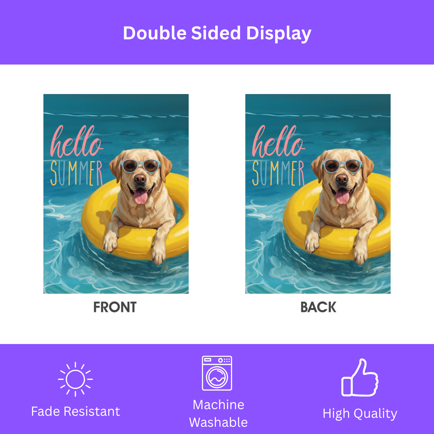Hello Summer Yellow Labrador Retriever Garden Flag - size comparison - Dragonfire Gardens