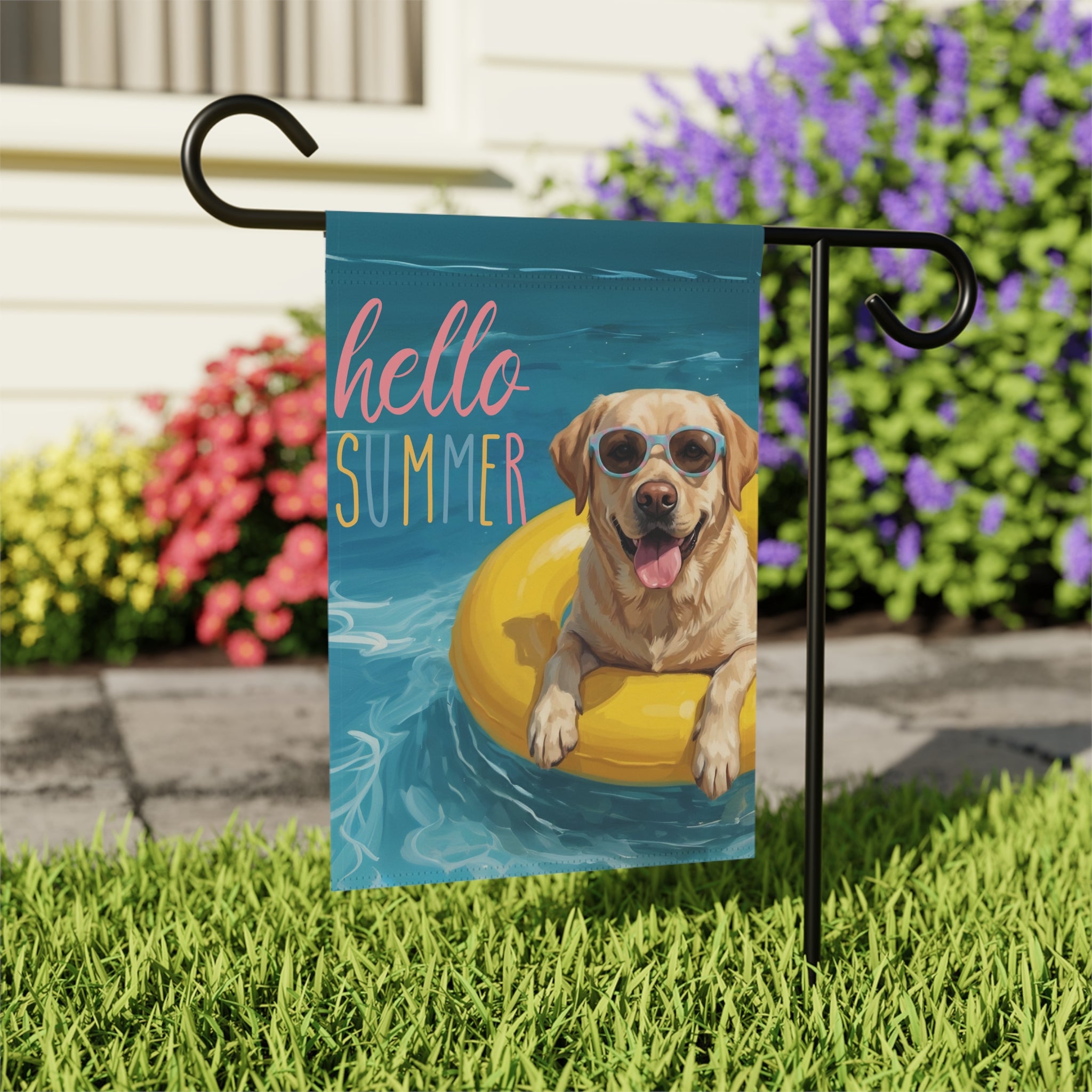 Hello Summer Yellow Labrador Retriever Garden Flag - close-up detail - Dragonfire Gardens