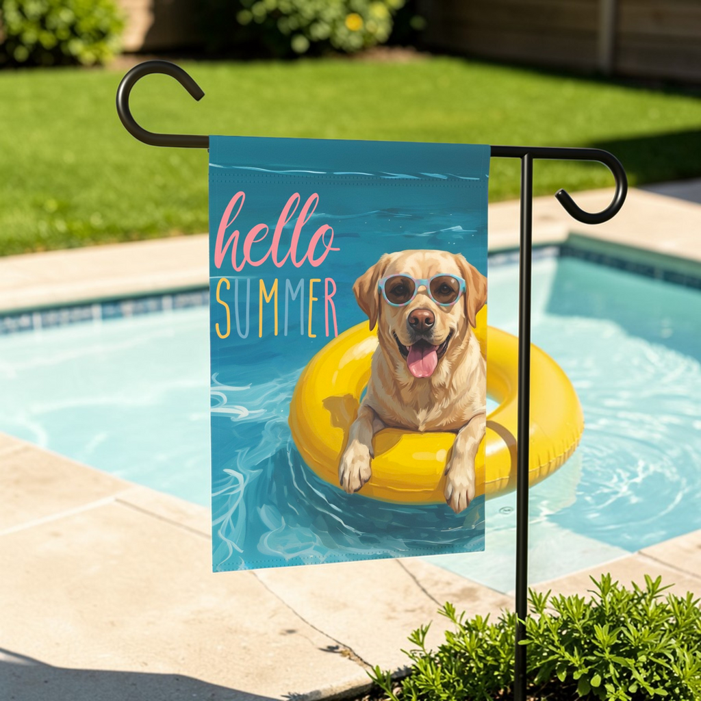 Hello Summer Yellow Labrador Retriever Garden Flag - outdoor display - Dragonfire Gardens