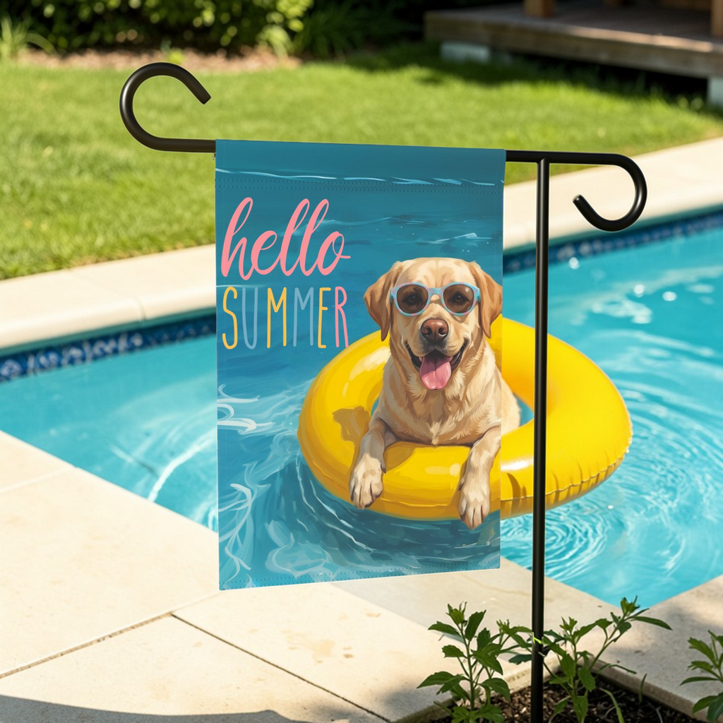 Hello Summer Yellow Labrador Retriever Garden Flag - lifestyle display - Dragonfire Gardens