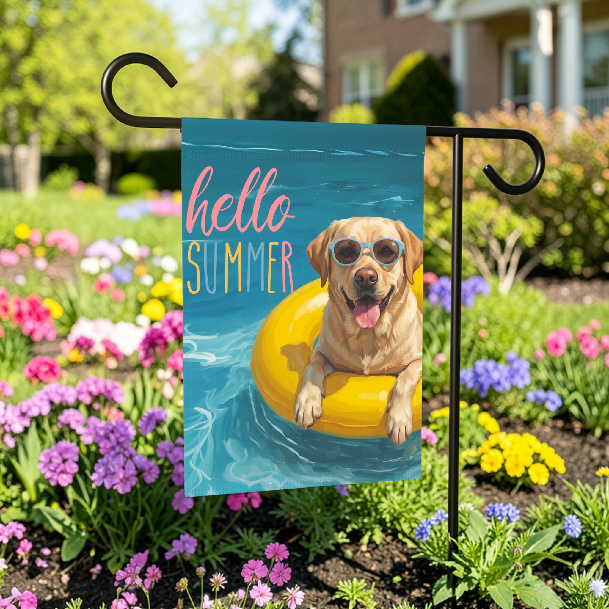 Hello Summer Yellow Labrador Retriever Garden Flag - front view - Dragonfire Gardens