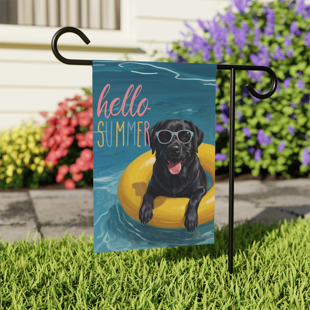 Hello Summer Black Labrador Retriever Garden Flag - close-up detail - Dragonfire Gardens