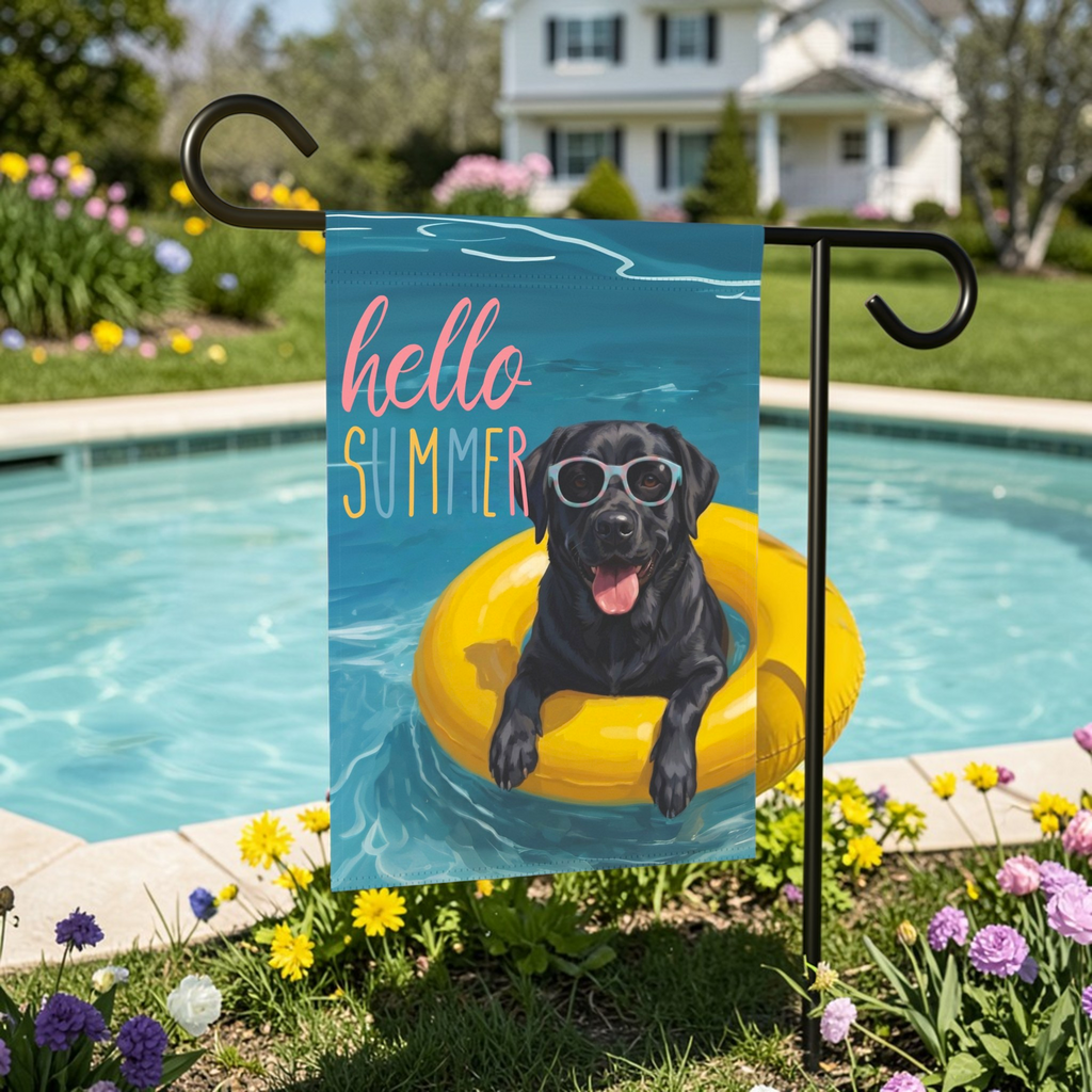 Hello Summer Black Labrador Retriever Garden Flag - lifestyle display - Dragonfire Gardens