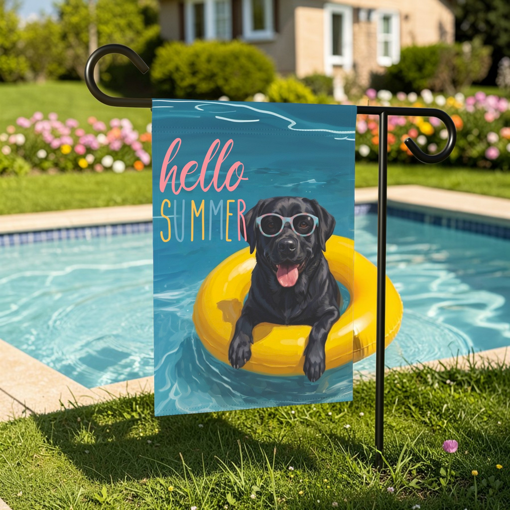 Hello Summer Black Labrador Retriever Garden Flag - front view - Dragonfire Gardens