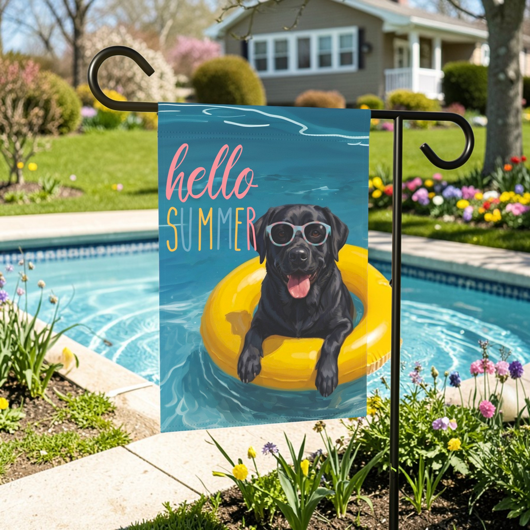 Hello Summer Black Labrador Retriever Garden Flag - outdoor display - Dragonfire Gardens