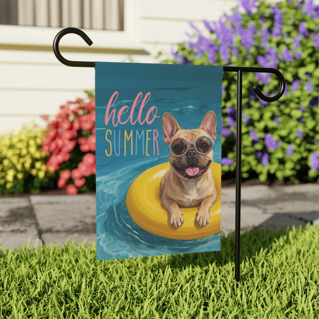 Hello Summer French Bulldog Garden Flag - close-up detail - Dragonfire Gardens