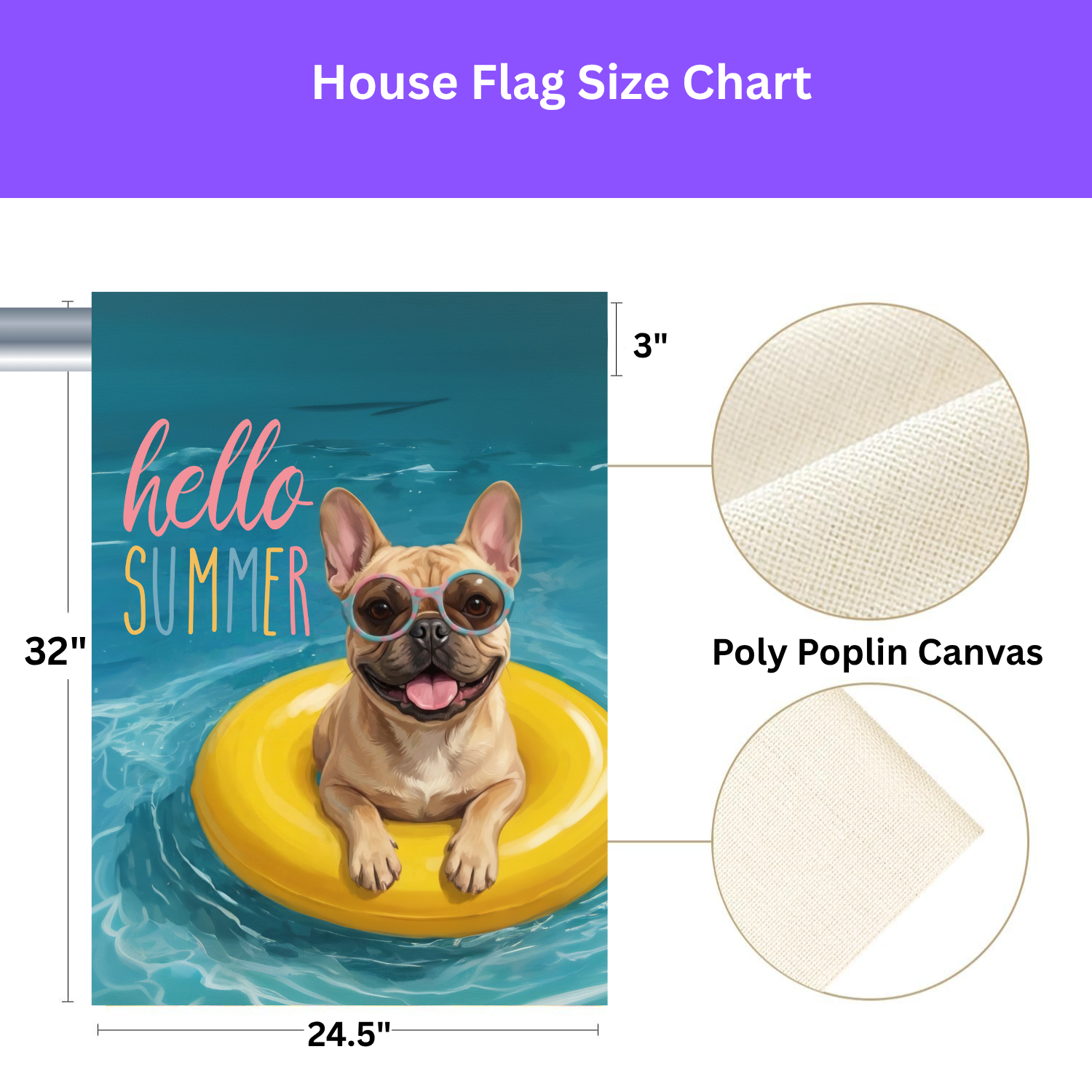 Hello Summer French Bulldog Garden Flag - size comparison - Dragonfire Gardens