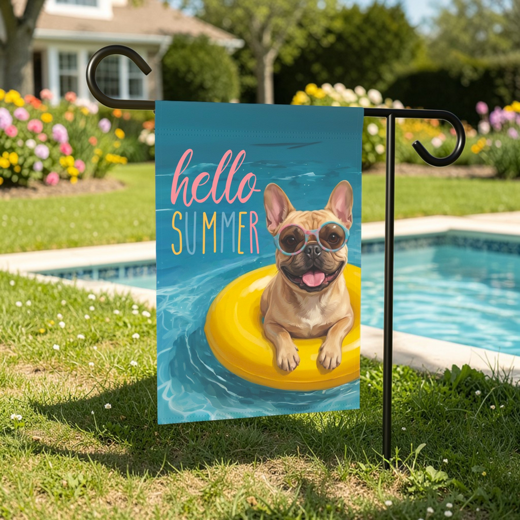 Hello Summer French Bulldog Garden Flag - front view - Dragonfire Gardens