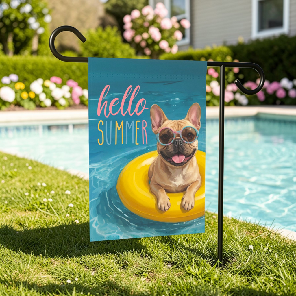 Hello Summer French Bulldog Garden Flag - outdoor display - Dragonfire Gardens
