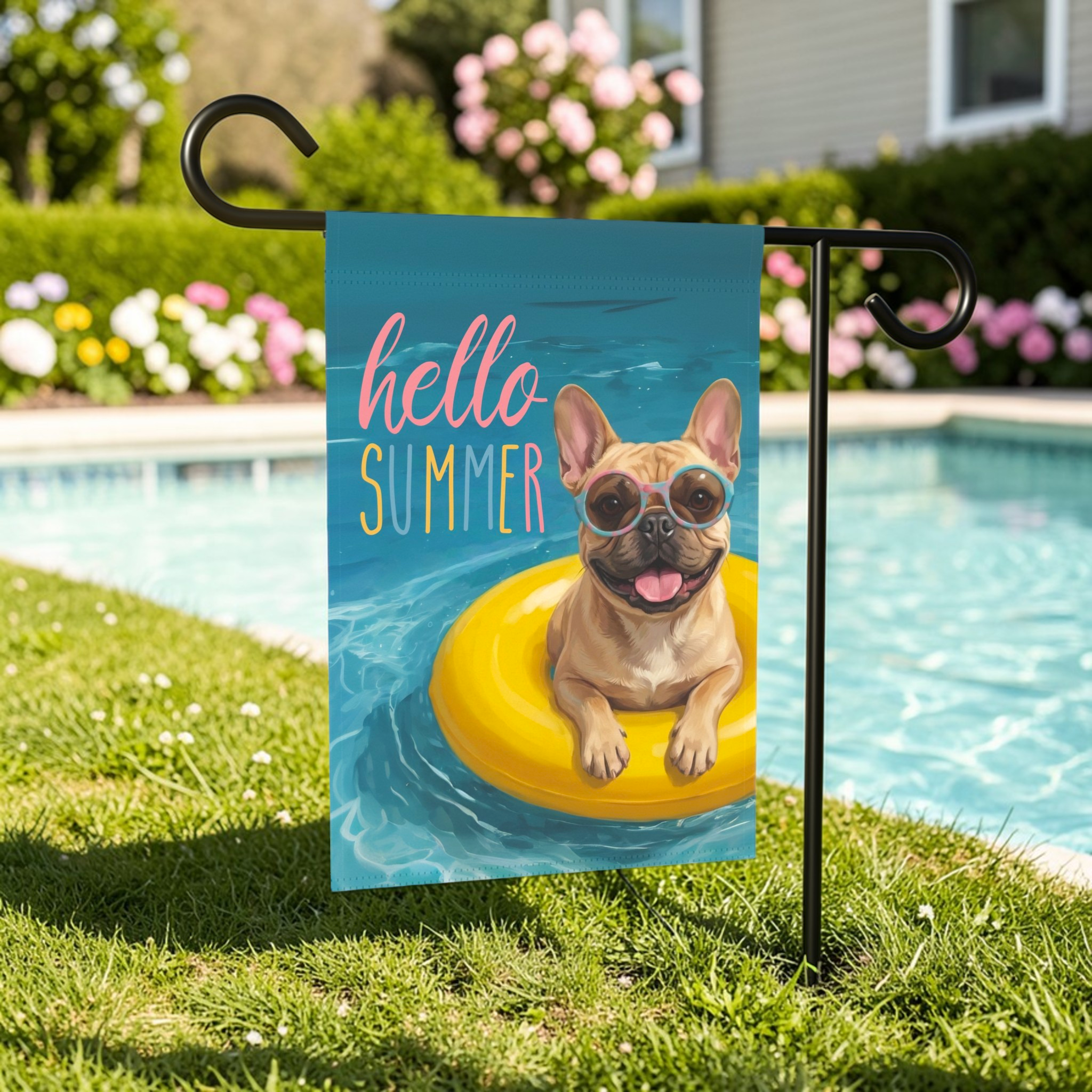 Hello Summer French Bulldog Garden Flag - outdoor display - Dragonfire Gardens