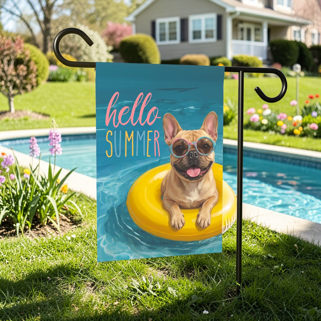 Hello Summer French Bulldog Garden Flag - lifestyle display - Dragonfire Gardens