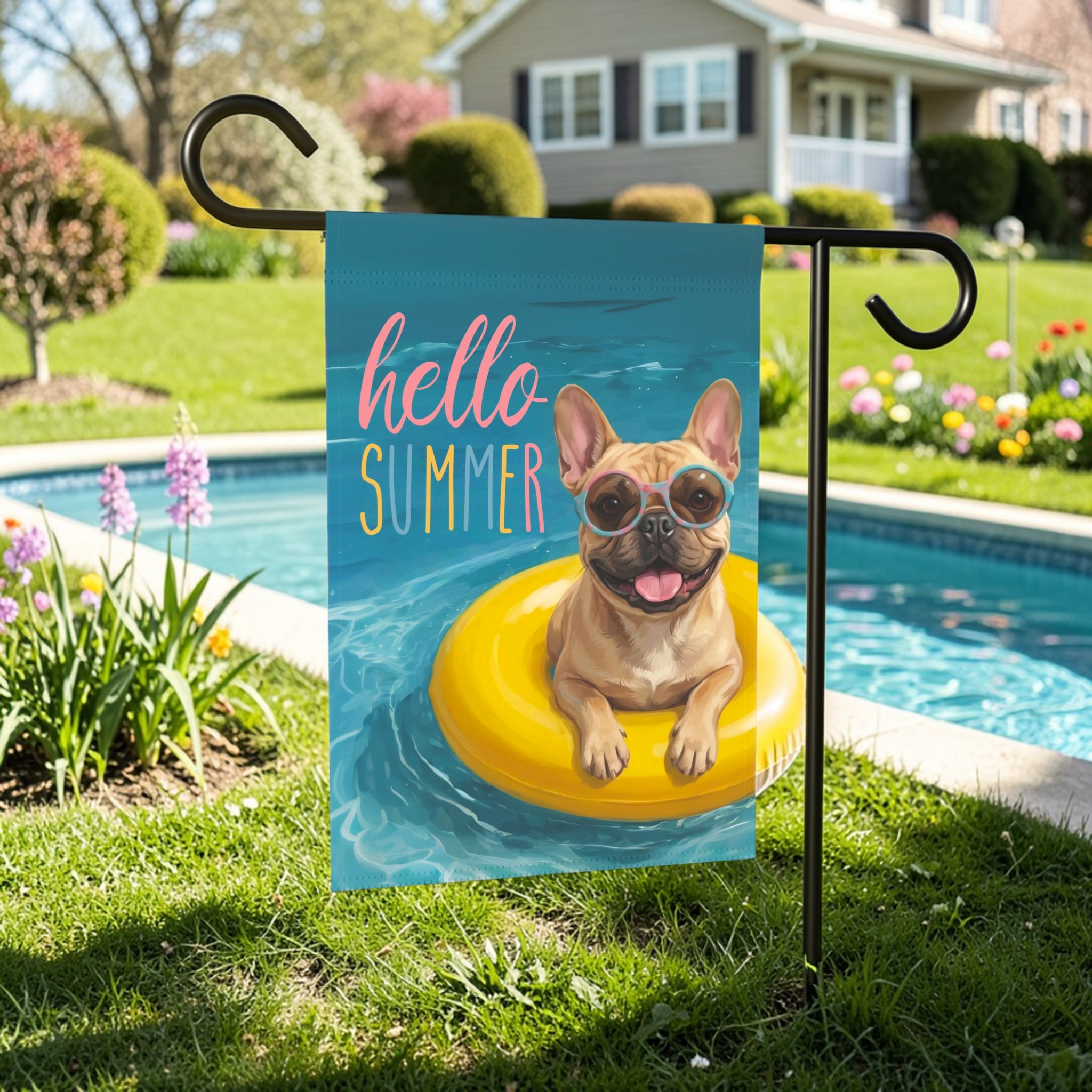 Hello Summer French Bulldog Garden Flag - lifestyle display - Dragonfire Gardens