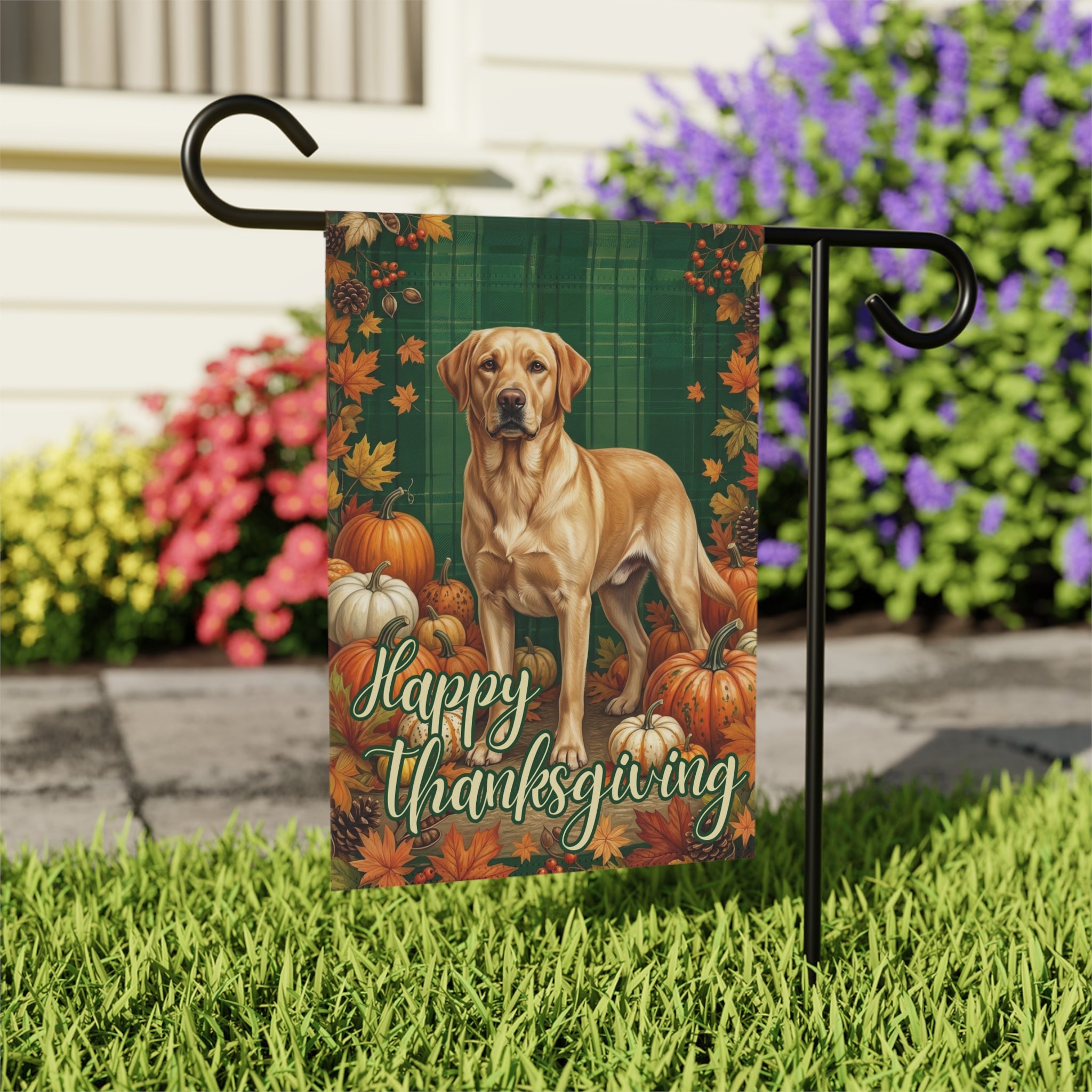 Happy Thanksgiving Yellow Labrador Retriever Garden Flag - close-up detail - Dragonfire Gardens
