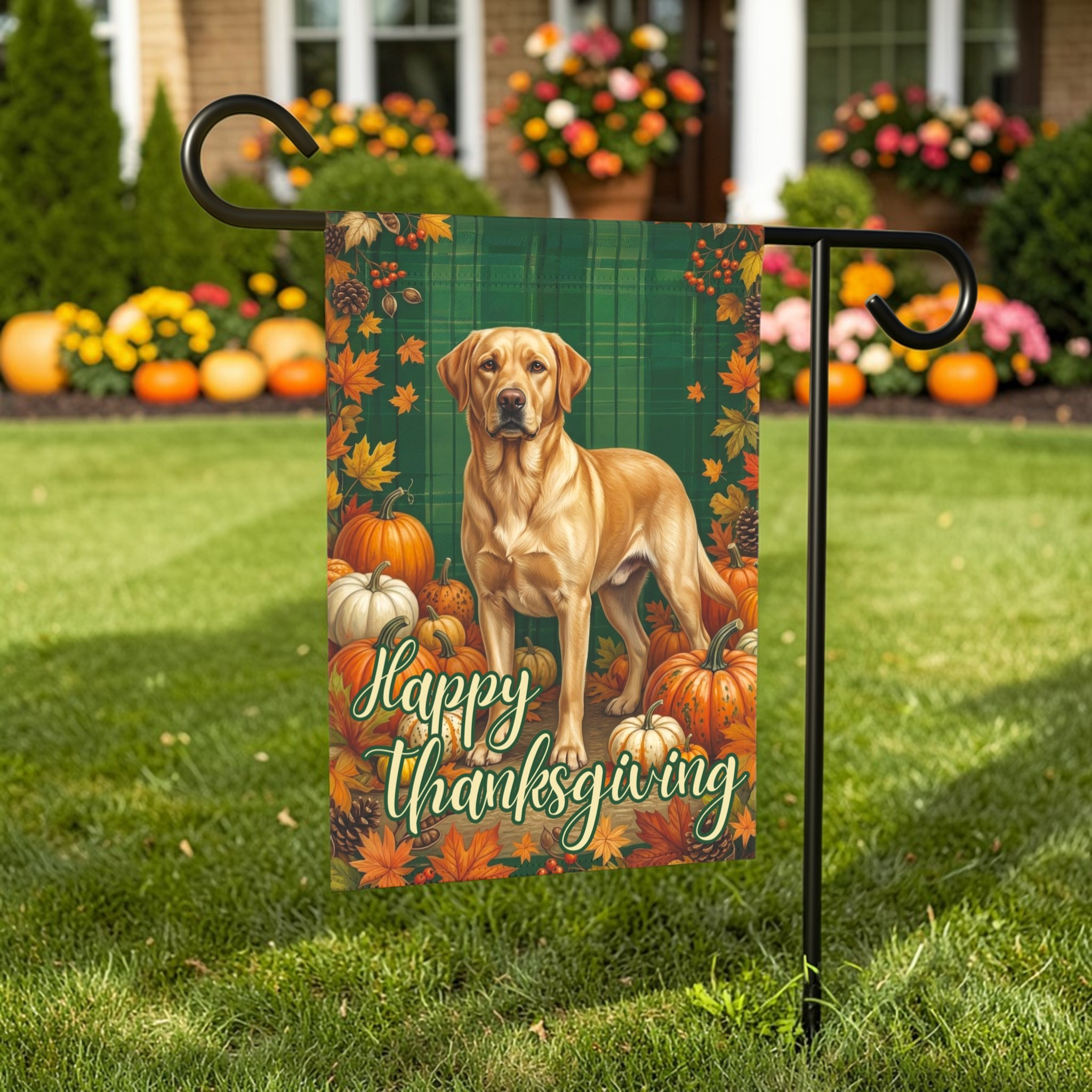 Happy Thanksgiving Yellow Labrador Retriever Garden Flag - lifestyle display - Dragonfire Gardens