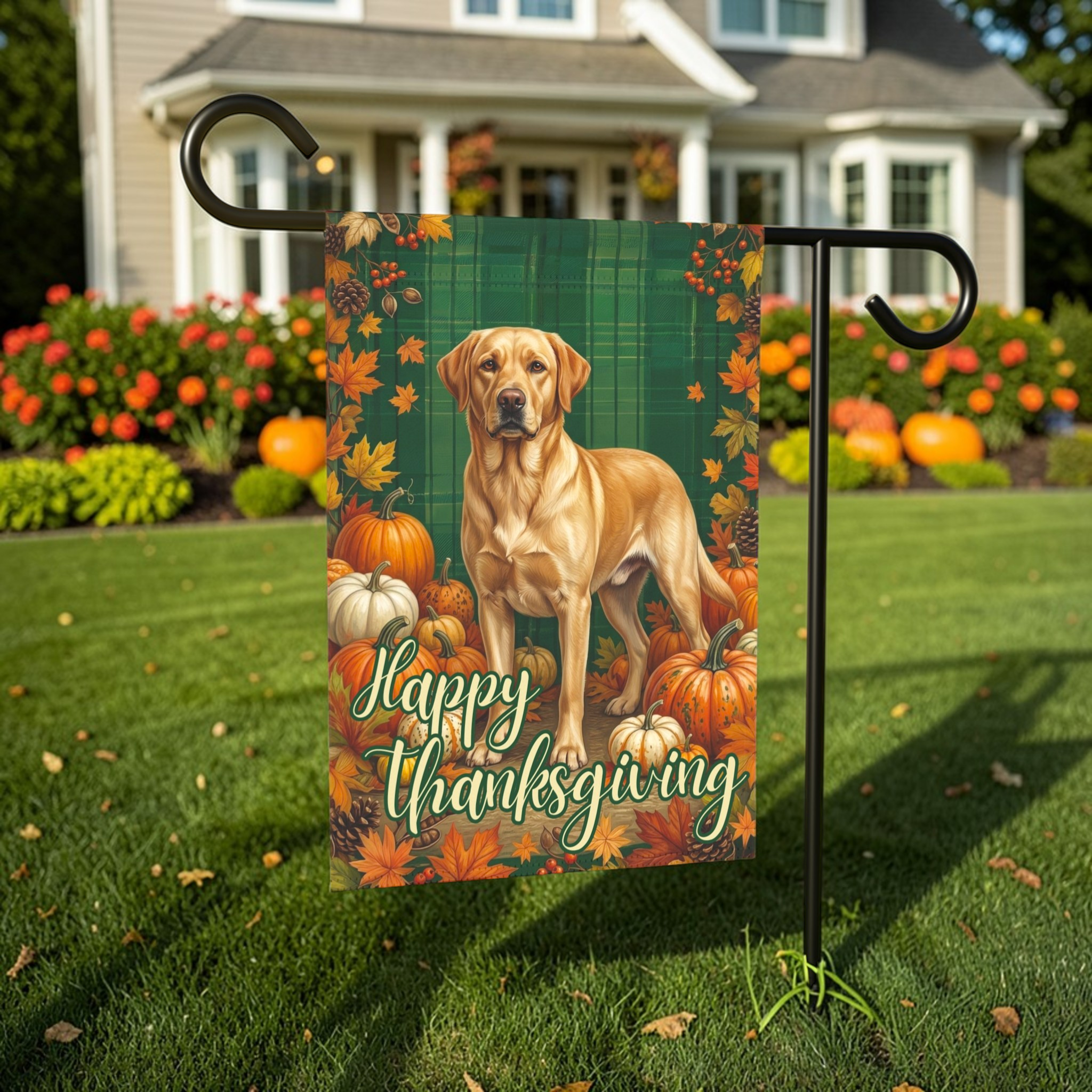 Happy Thanksgiving Yellow Labrador Retriever Garden Flag - outdoor display - Dragonfire Gardens