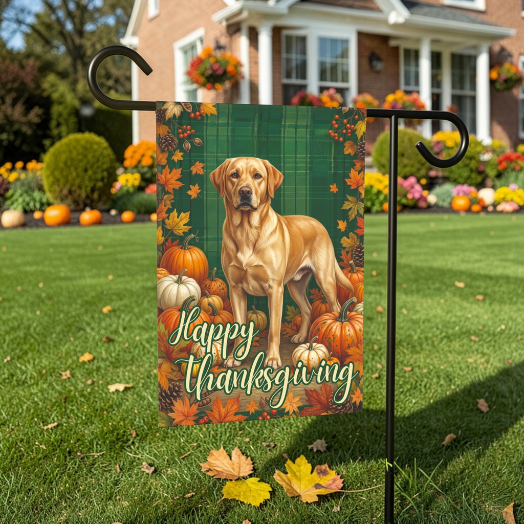 Happy Thanksgiving Yellow Labrador Retriever Garden Flag - front view - Dragonfire Gardens