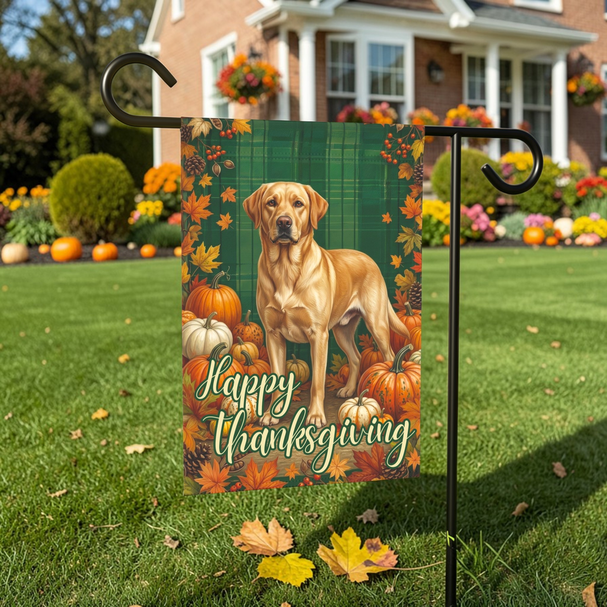 Happy Thanksgiving Yellow Labrador Retriever Garden Flag - front view - Dragonfire Gardens