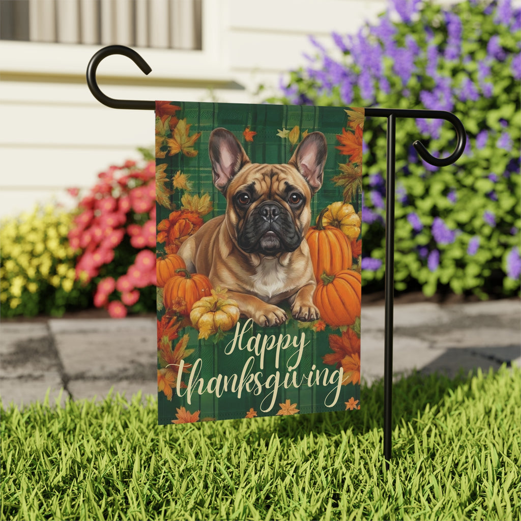 Happy Thanksgiving French Bulldog Garden Flag - close-up detail - Dragonfire Gardens