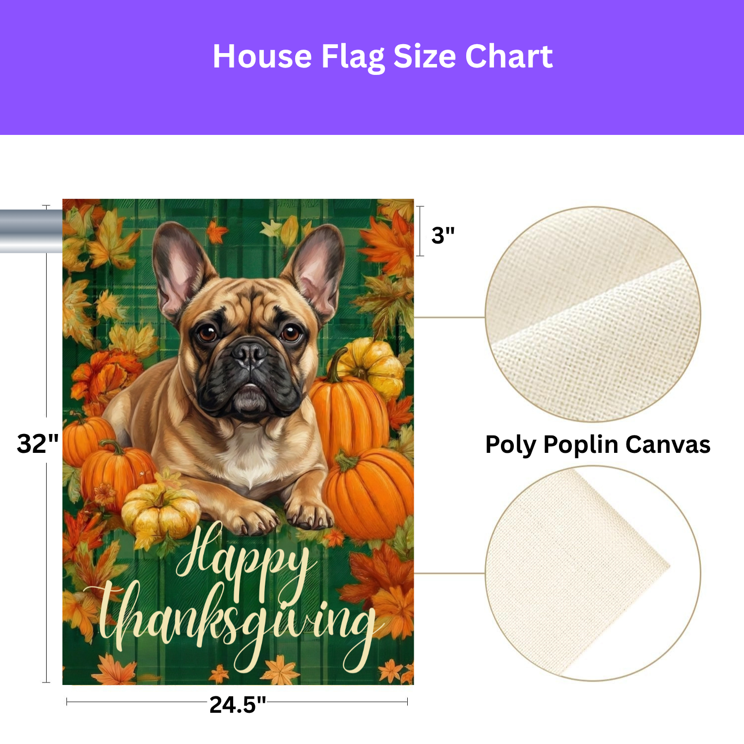 Happy Thanksgiving French Bulldog Garden Flag - size comparison - Dragonfire Gardens