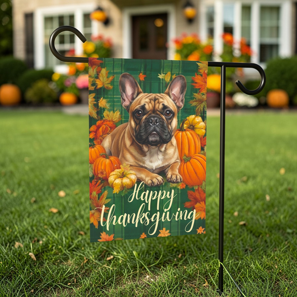 Happy Thanksgiving French Bulldog Garden Flag - outdoor display - Dragonfire Gardens