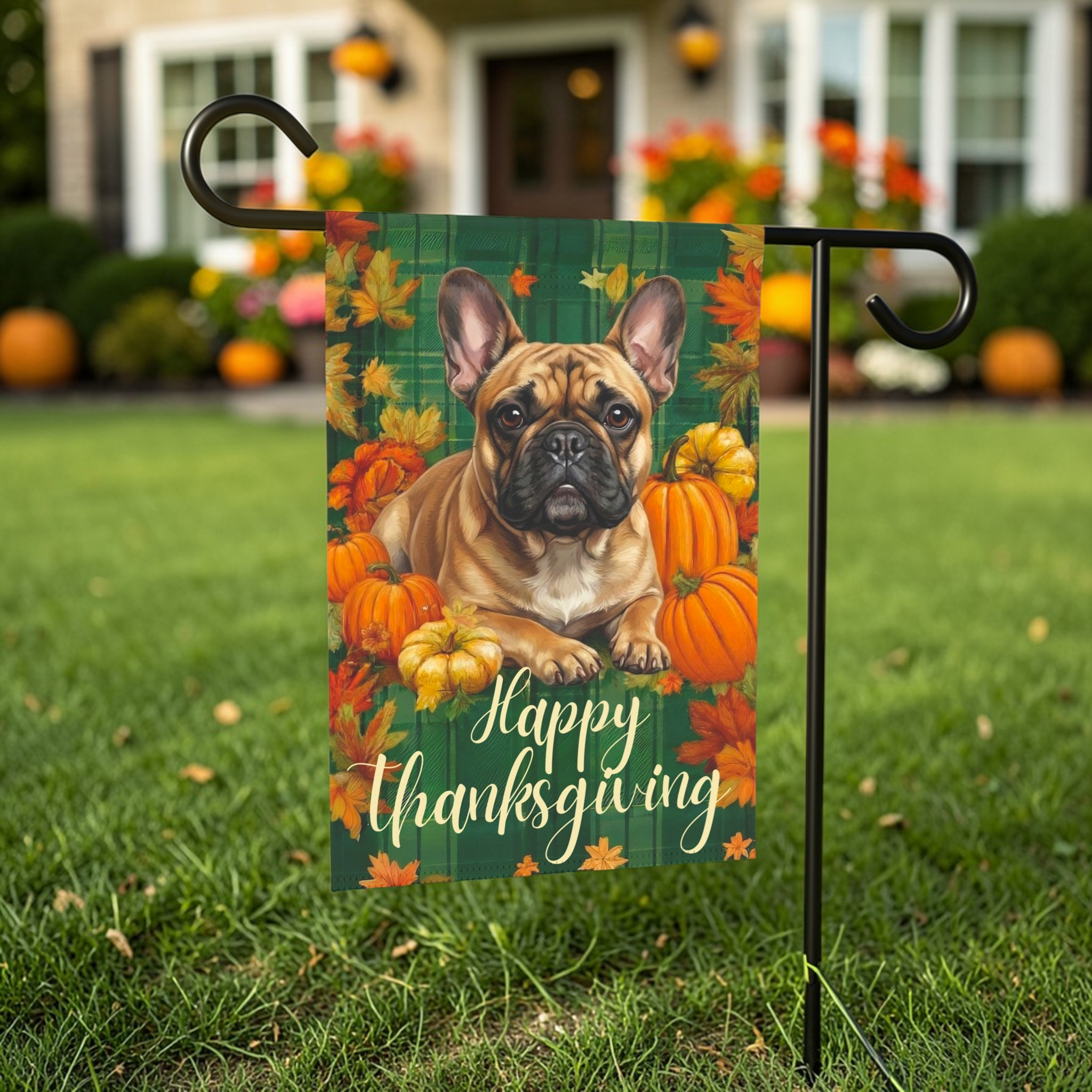 Happy Thanksgiving French Bulldog Garden Flag - outdoor display - Dragonfire Gardens
