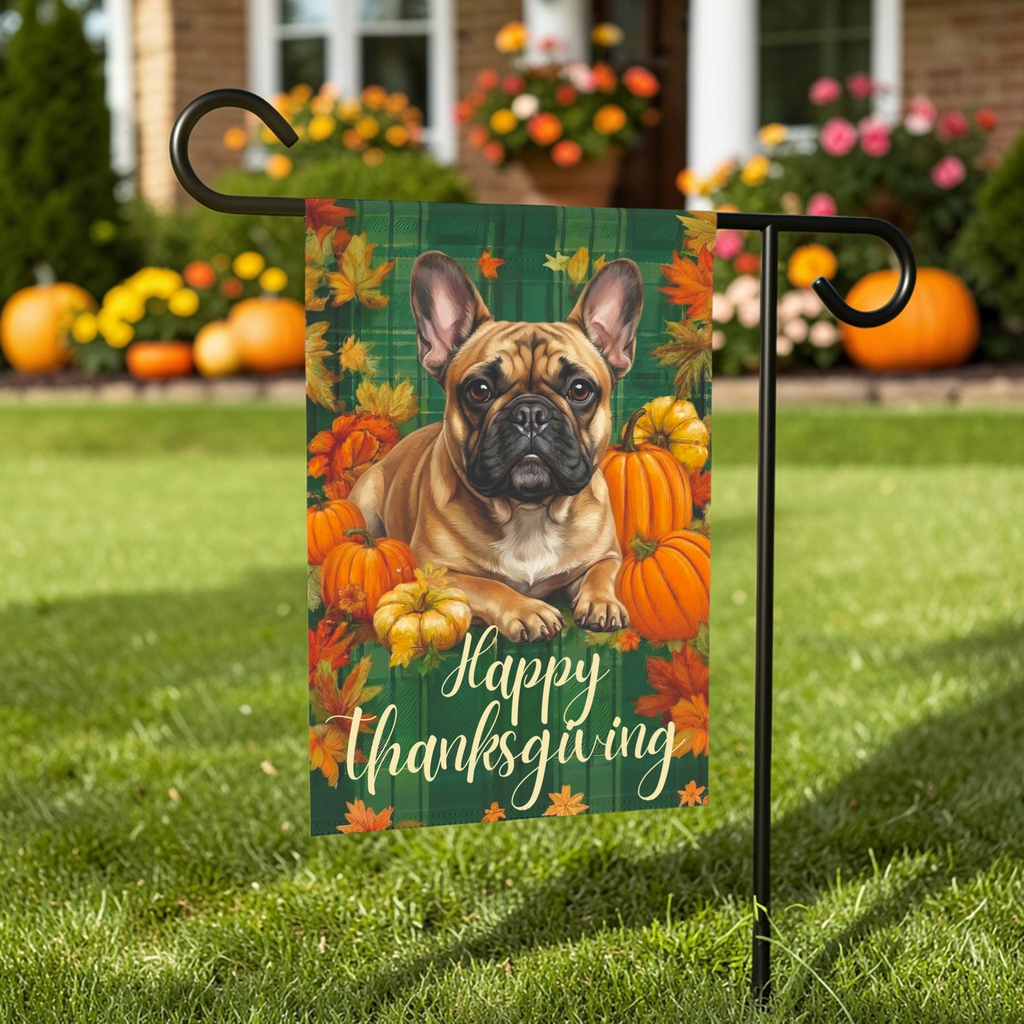 Happy Thanksgiving French Bulldog Garden Flag - front view - Dragonfire Gardens