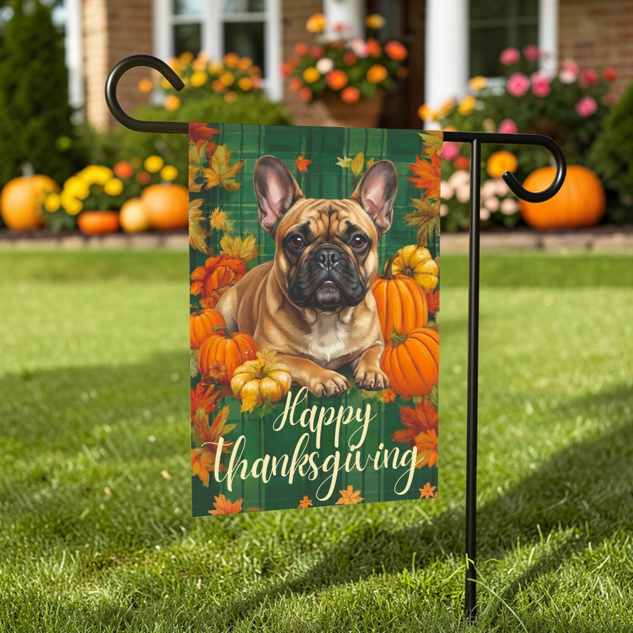 Happy Thanksgiving French Bulldog Garden Flag - front view - Dragonfire Gardens
