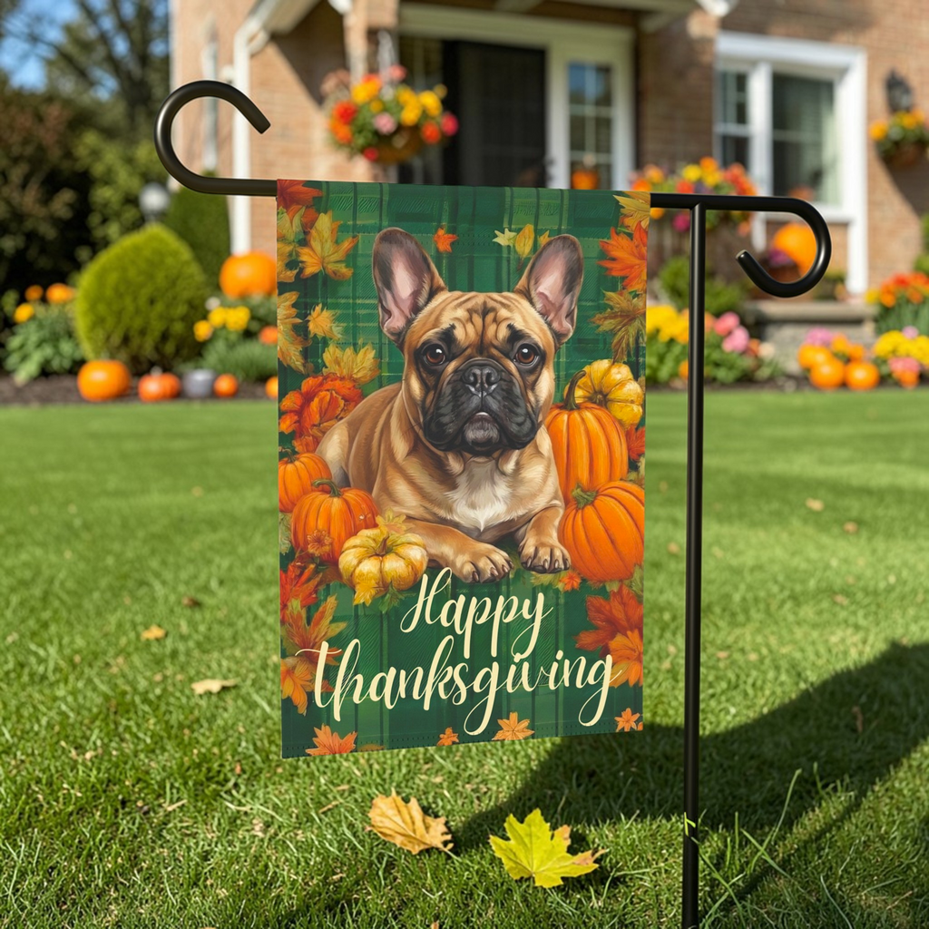 Happy Thanksgiving French Bulldog Garden Flag - lifestyle display - Dragonfire Gardens