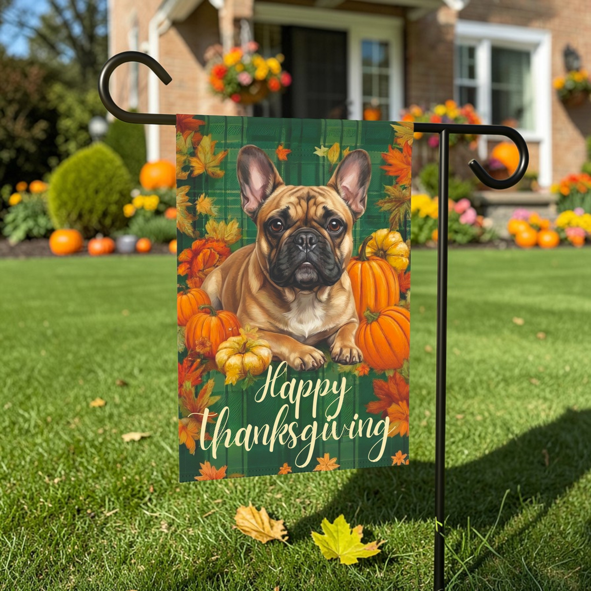 Happy Thanksgiving French Bulldog Garden Flag - lifestyle display - Dragonfire Gardens
