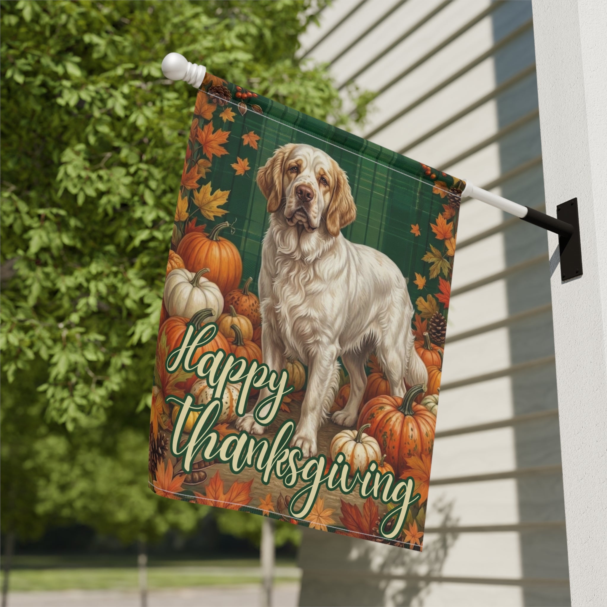 Happy Thanksgiving Clumber Spaniel Garden Flag - yard display - Dragonfire Gardens