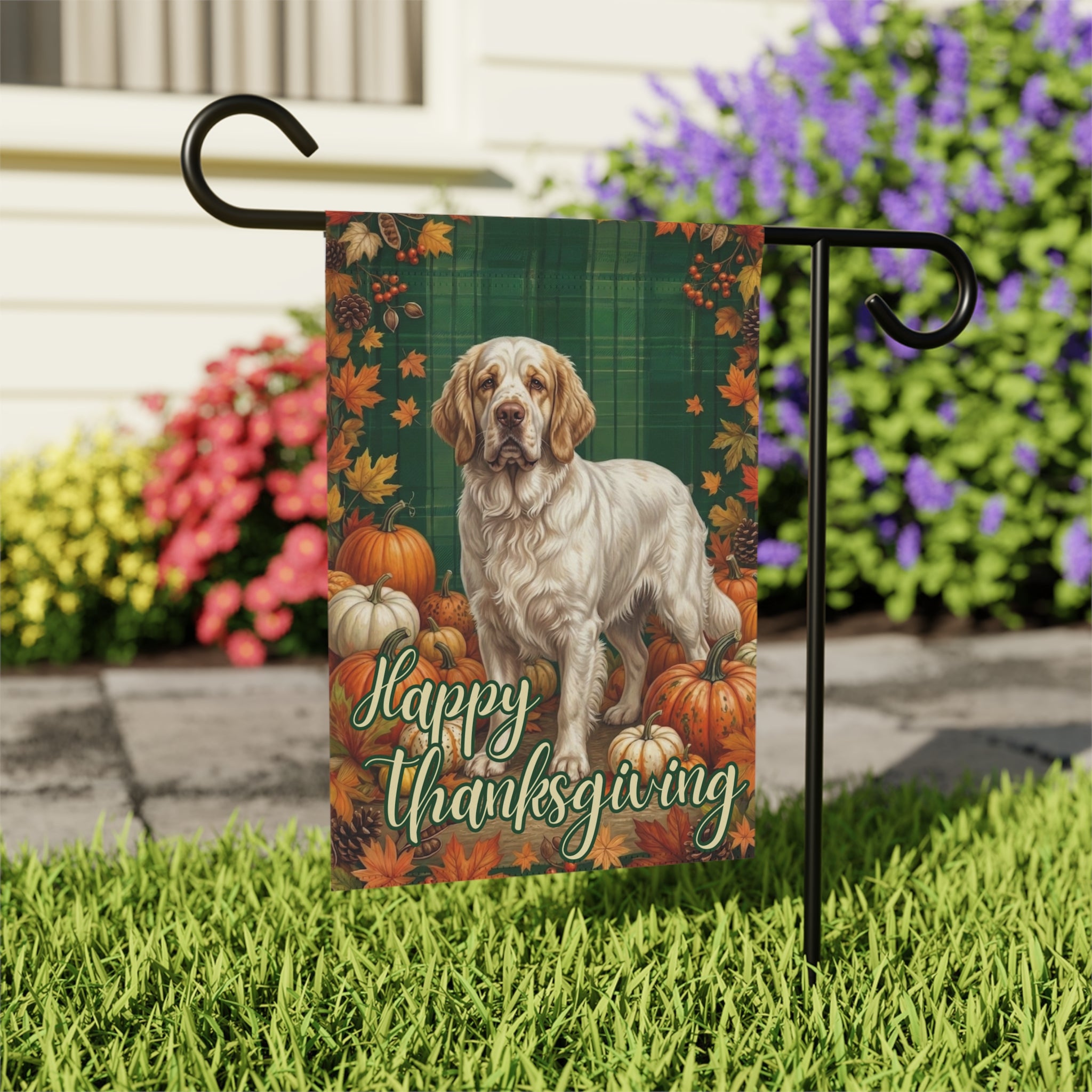 Happy Thanksgiving Clumber Spaniel Garden Flag - close-up detail - Dragonfire Gardens