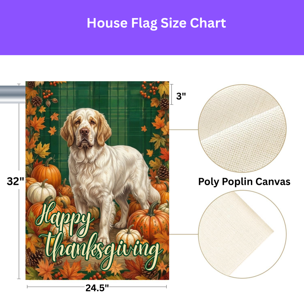 Happy Thanksgiving Clumber Spaniel Garden Flag - size comparison - Dragonfire Gardens