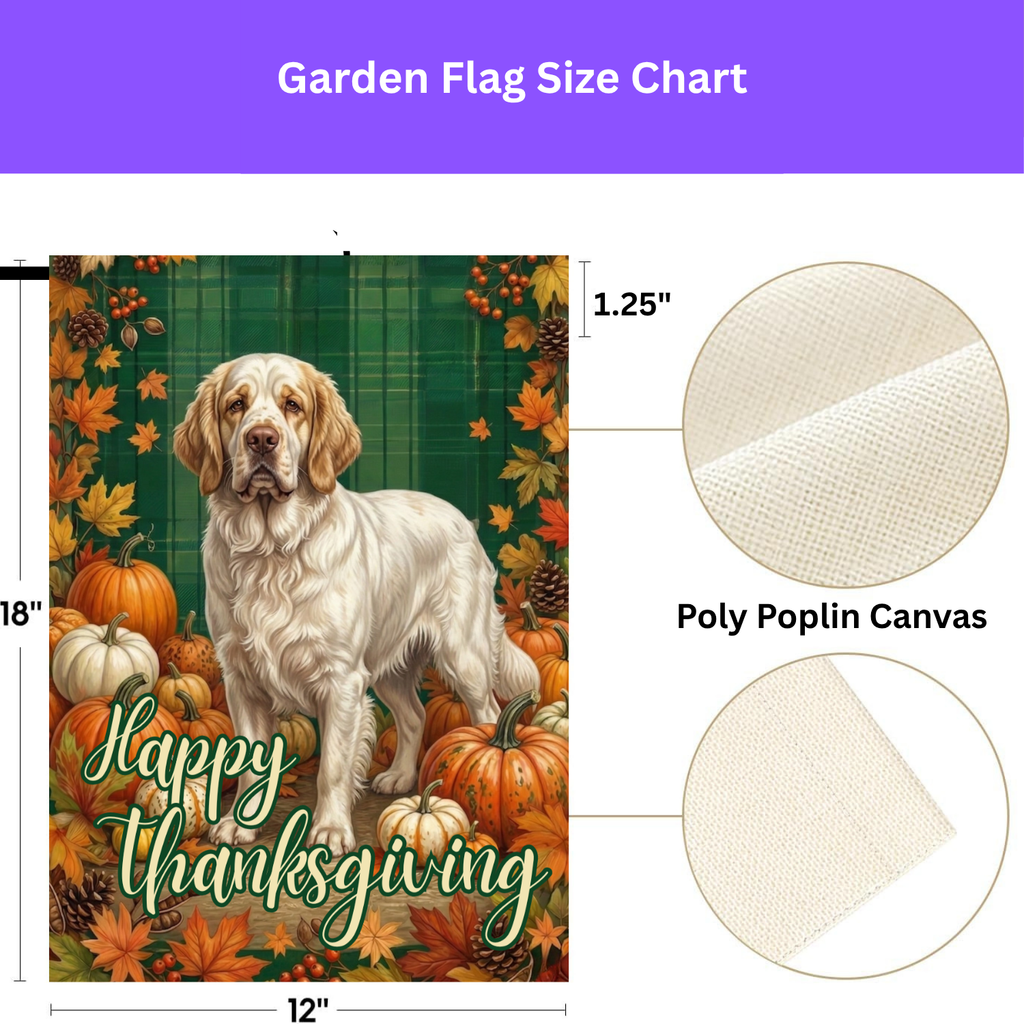 Happy Thanksgiving Clumber Spaniel Garden Flag - double-sided design - Dragonfire Gardens