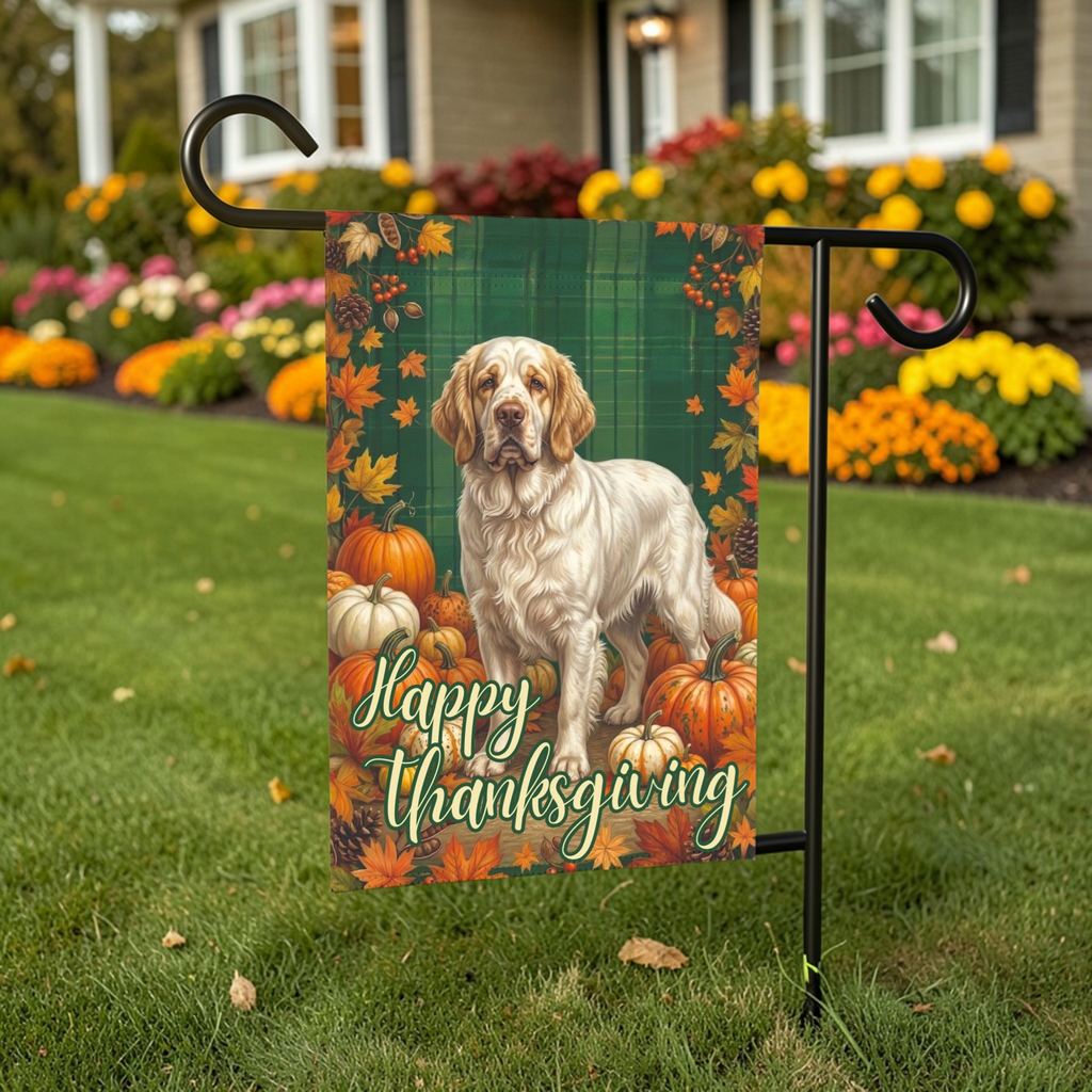 Happy Thanksgiving Clumber Spaniel Garden Flag - front view - Dragonfire Gardens