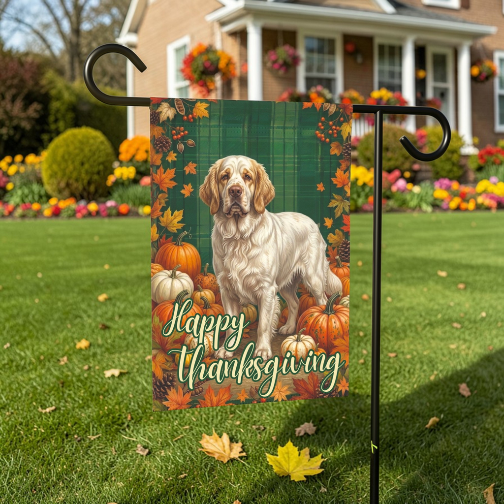 Happy Thanksgiving Clumber Spaniel Garden Flag - lifestyle display - Dragonfire Gardens