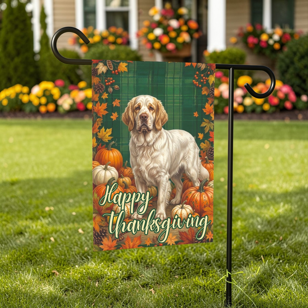 Happy Thanksgiving Clumber Spaniel Garden Flag - outdoor display - Dragonfire Gardens