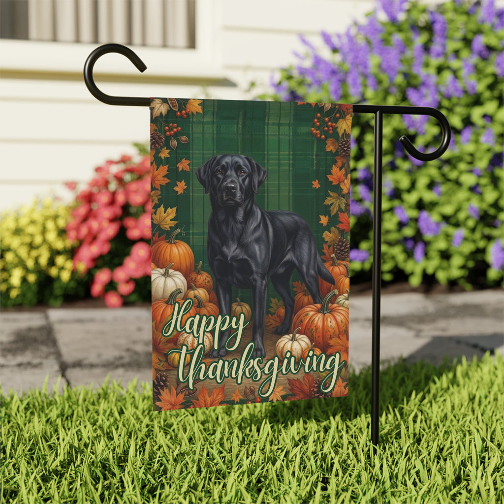Happy Thanksgiving Black Labrador Retriever Garden Flag - close-up detail - Dragonfire Gardens