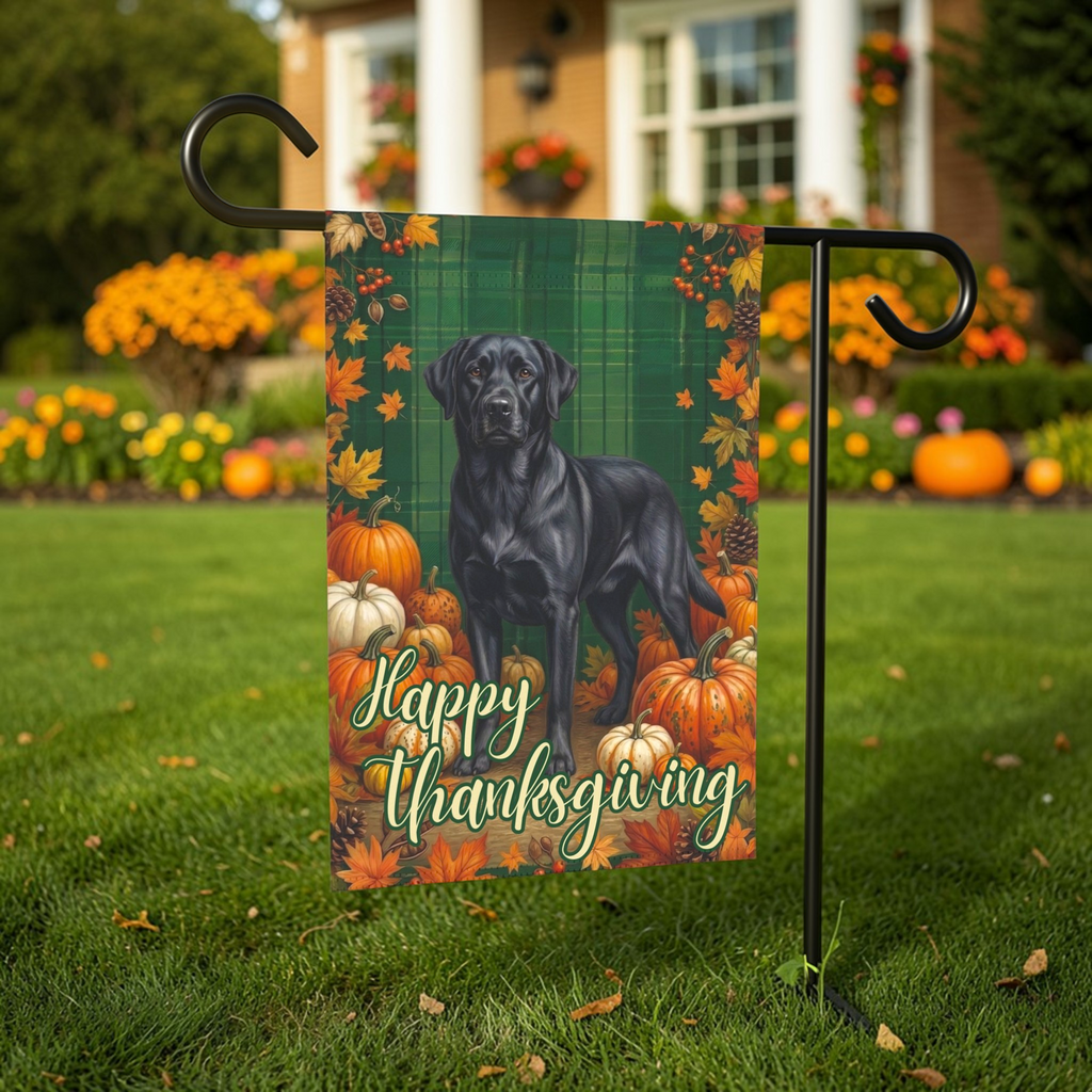 Happy Thanksgiving Black Labrador Retriever Garden Flag - front view - Dragonfire Gardens
