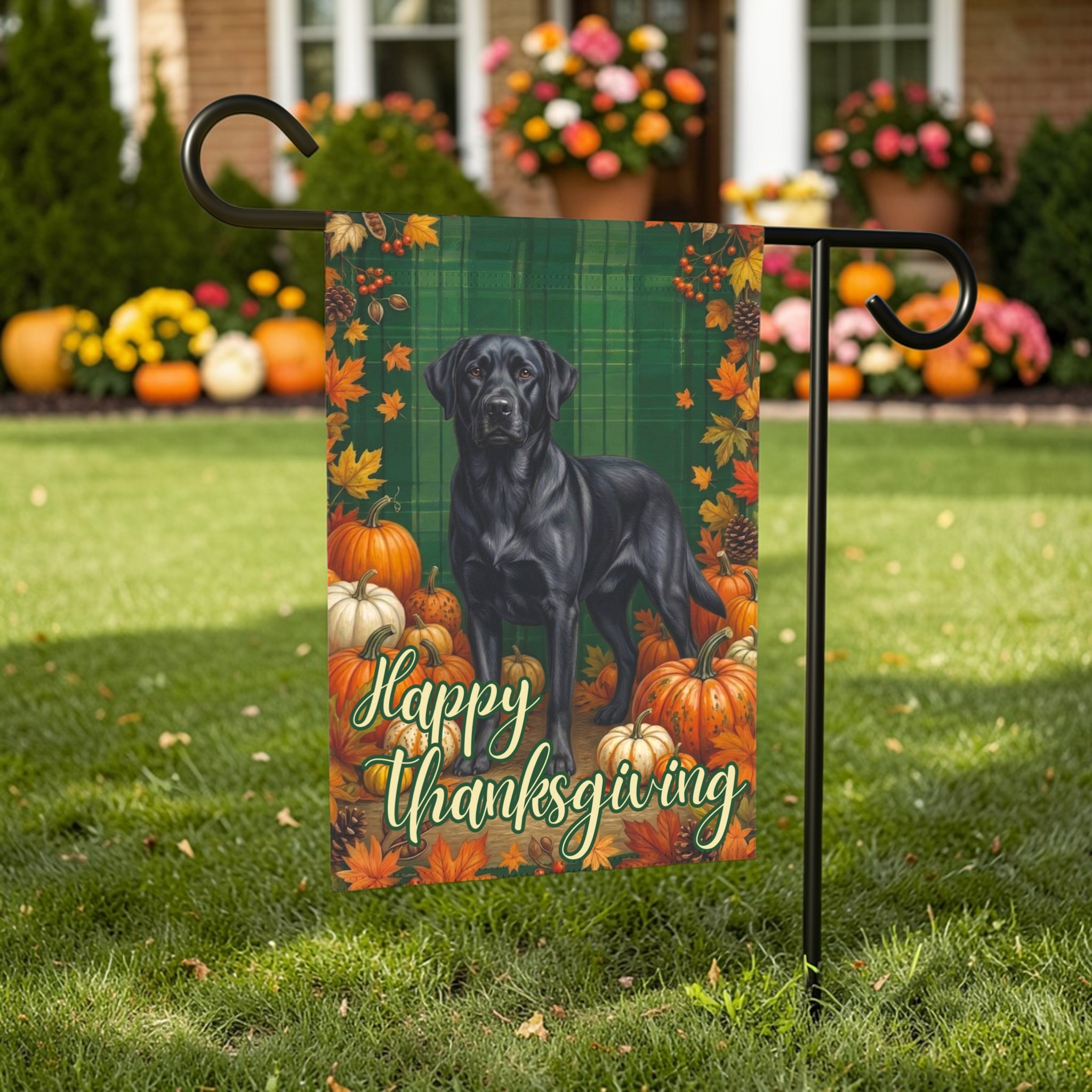 Happy Thanksgiving Black Labrador Retriever Garden Flag - outdoor display - Dragonfire Gardens