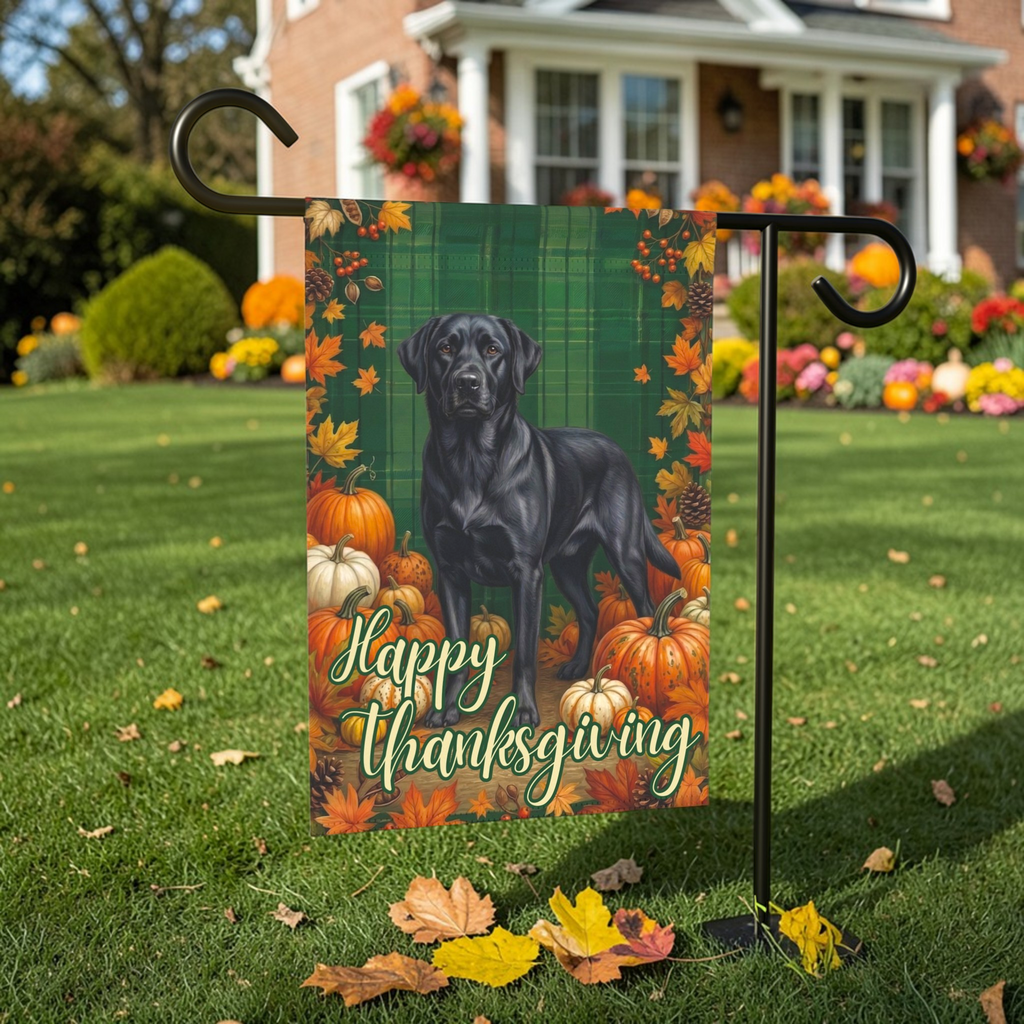 Happy Thanksgiving Black Labrador Retriever Garden Flag - lifestyle display - Dragonfire Gardens