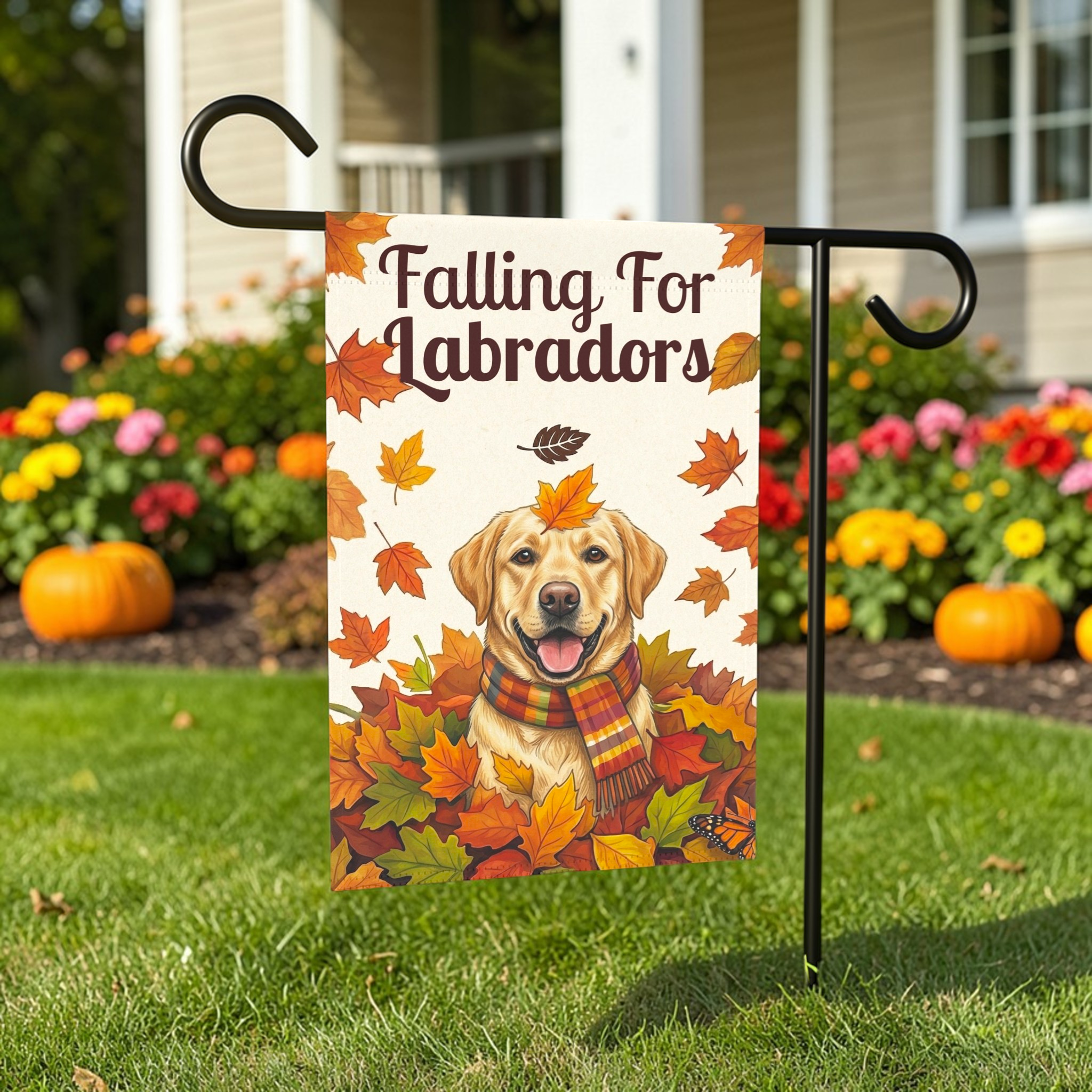 Falling For Labradors Yellow Lab Garden Flag - front view - Dragonfire Gardens
