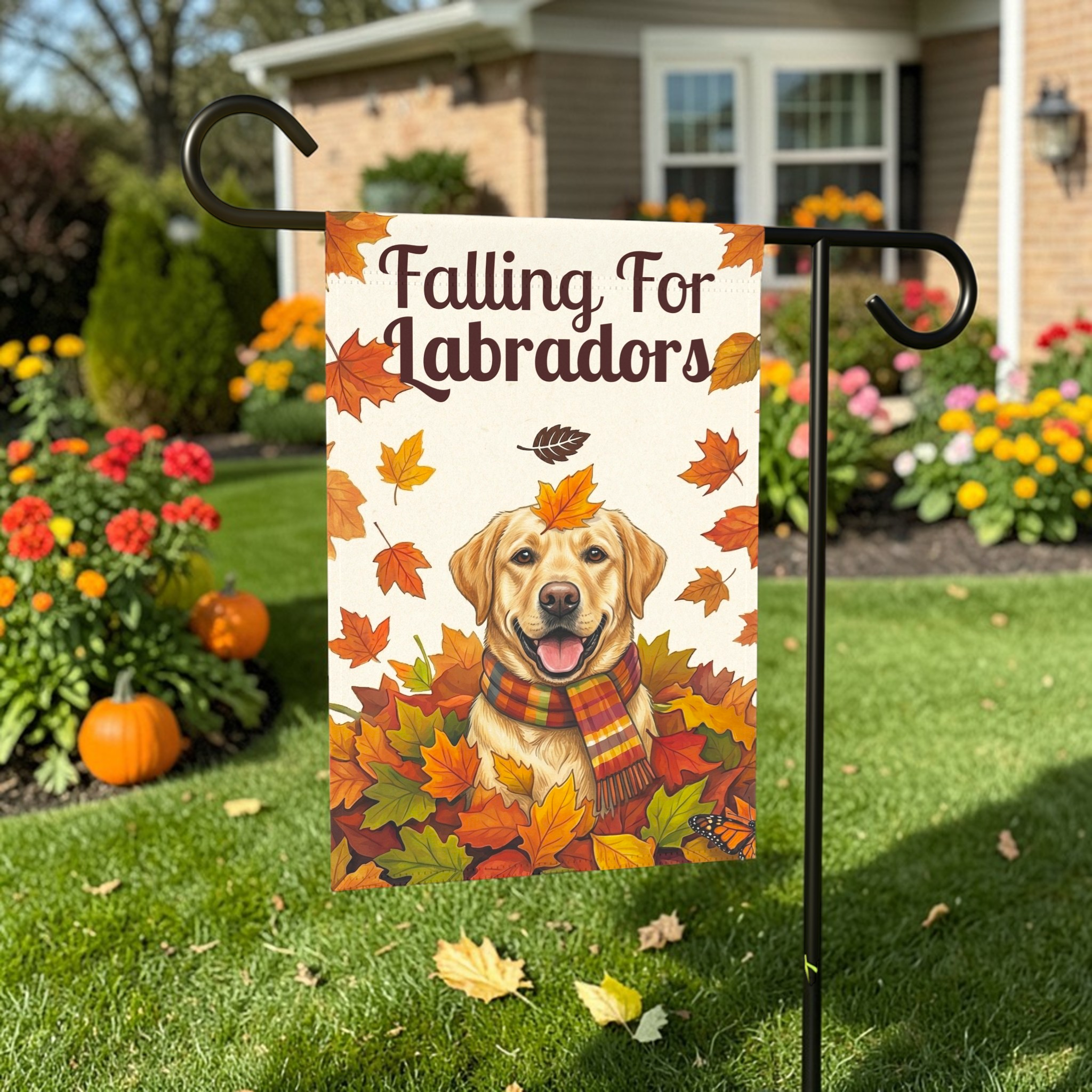 Falling For Labradors Yellow Lab Garden Flag - lifestyle display - Dragonfire Gardens