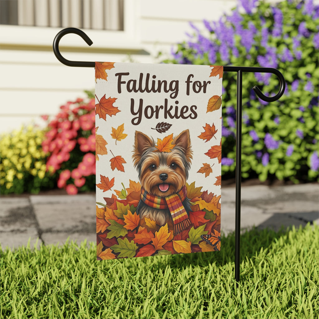 Falling for Yorkies Autumn Garden Flag - close-up detail - Dragonfire Gardens