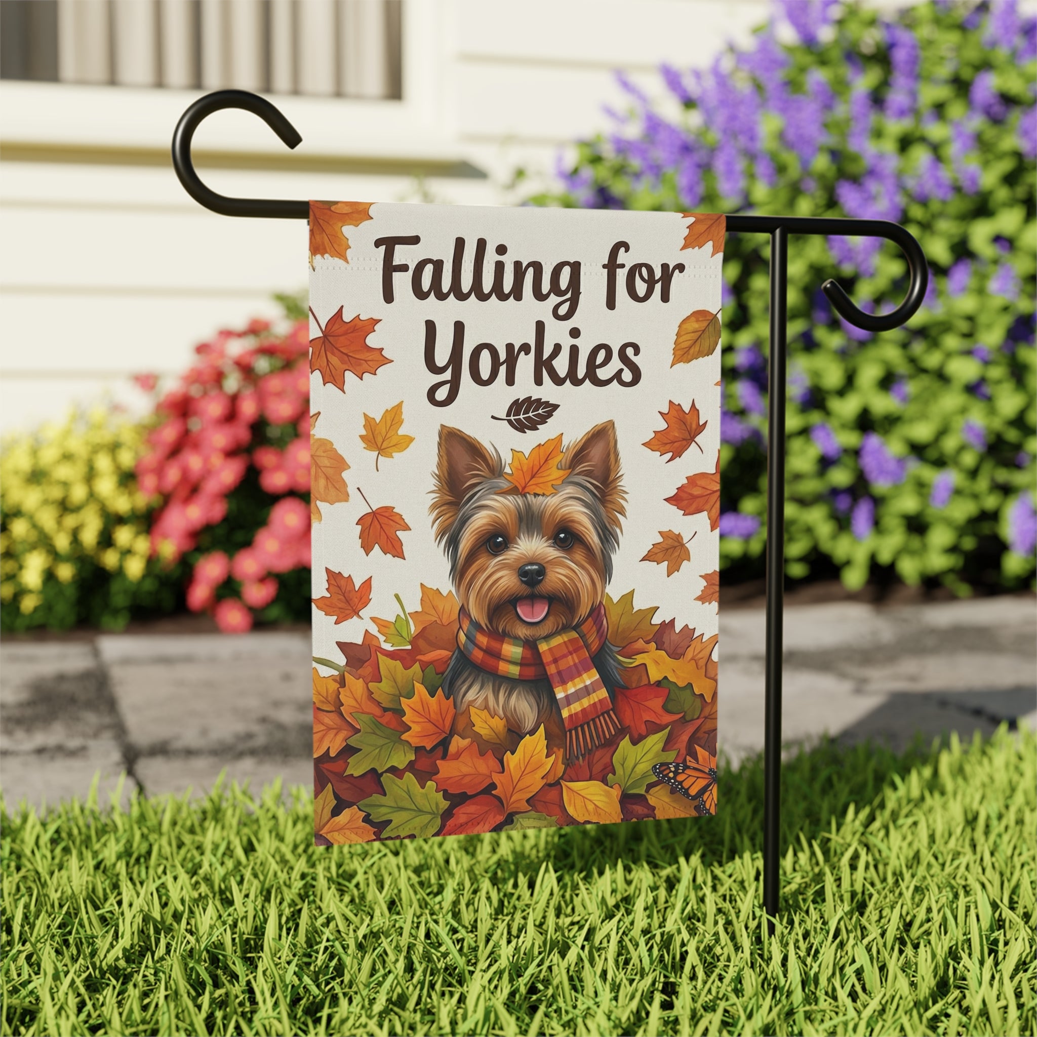 Falling for Yorkies Autumn Garden Flag - close-up detail - Dragonfire Gardens