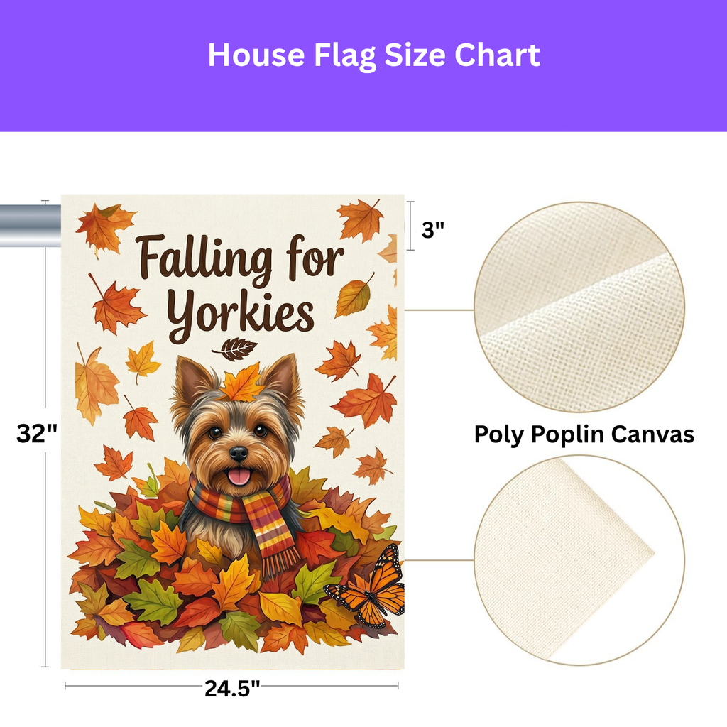 Falling for Yorkies Autumn Garden Flag - size comparison - Dragonfire Gardens