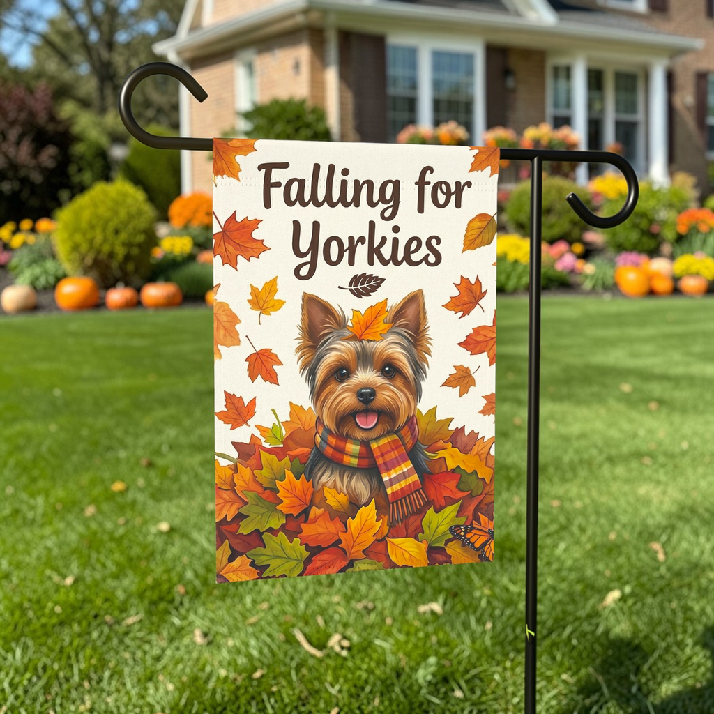 Falling for Yorkies Autumn Garden Flag - outdoor display - Dragonfire Gardens
